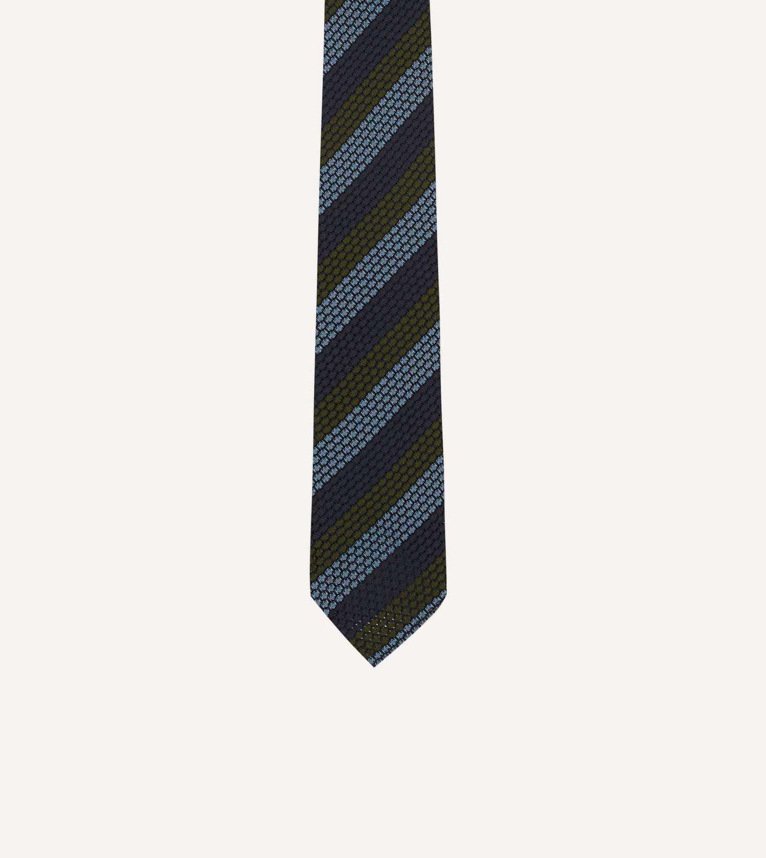 Navy, Green and Blue Block Stripe Hand Rolled Silk Grenadine Tie