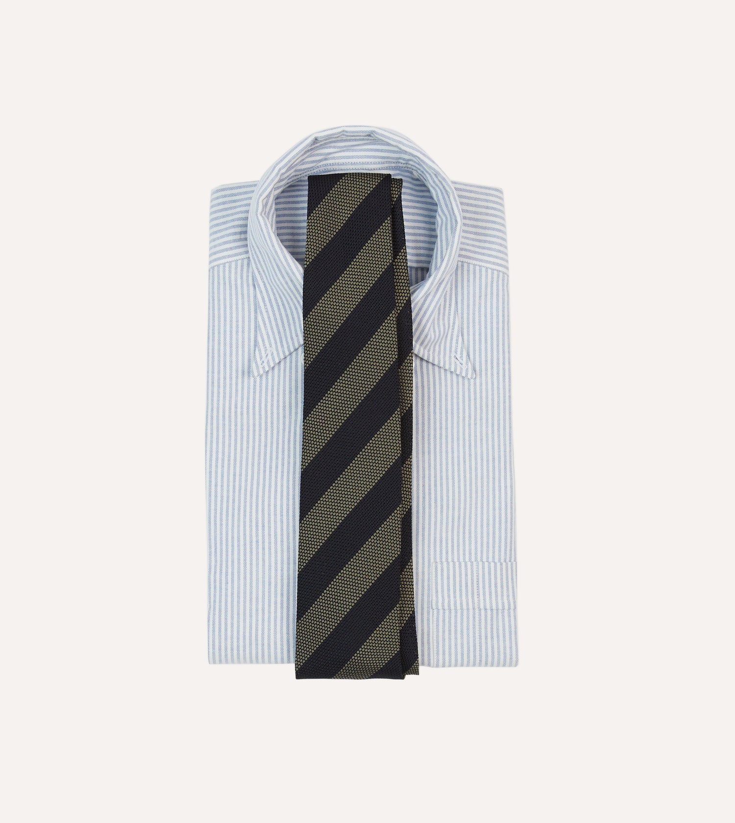 Khaki and Navy Block Stripe Hand Rolled Silk Grenadine Tie