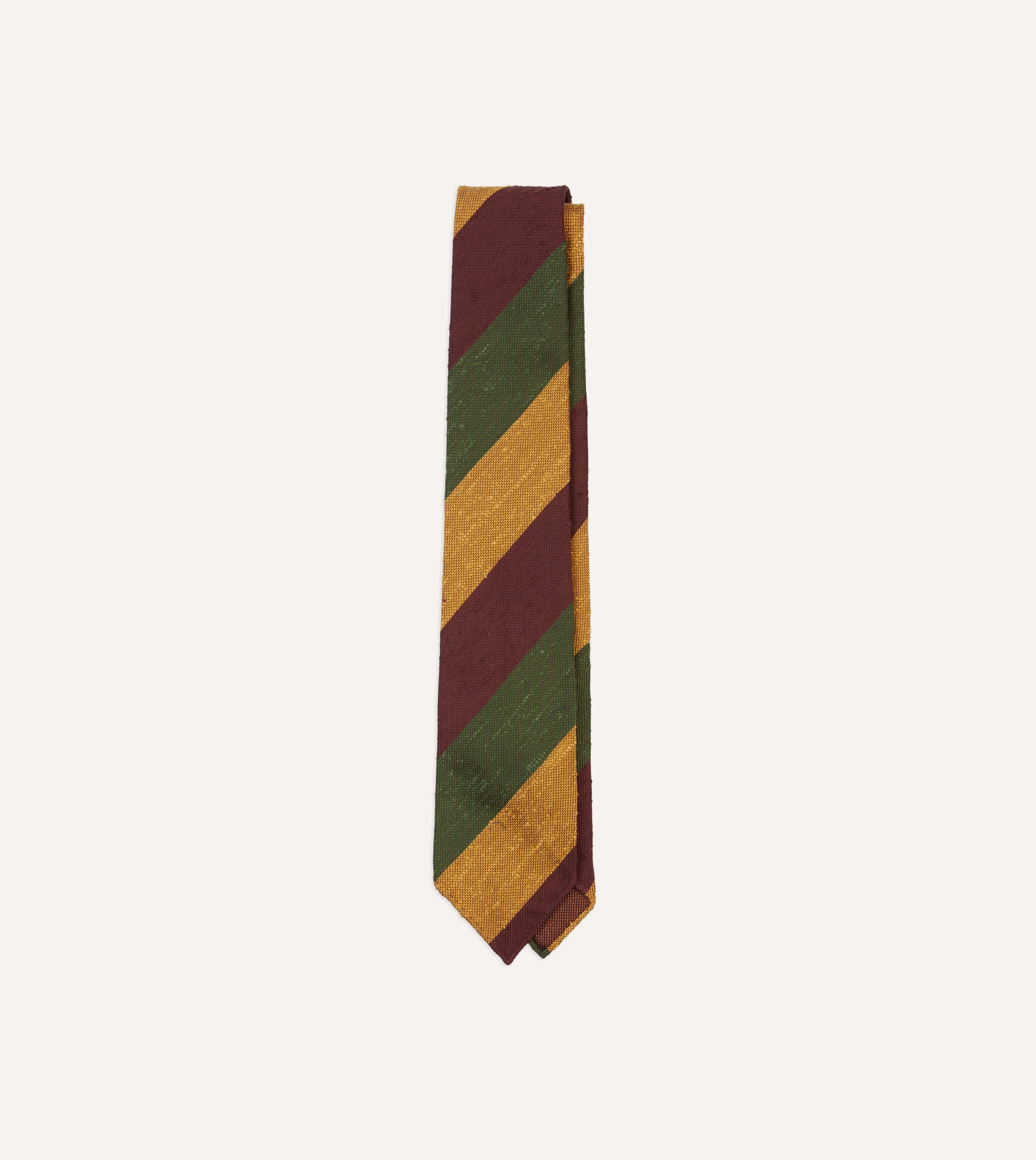 Burgundy, Gold and Olive Block Stripe Shantung Silk Tie