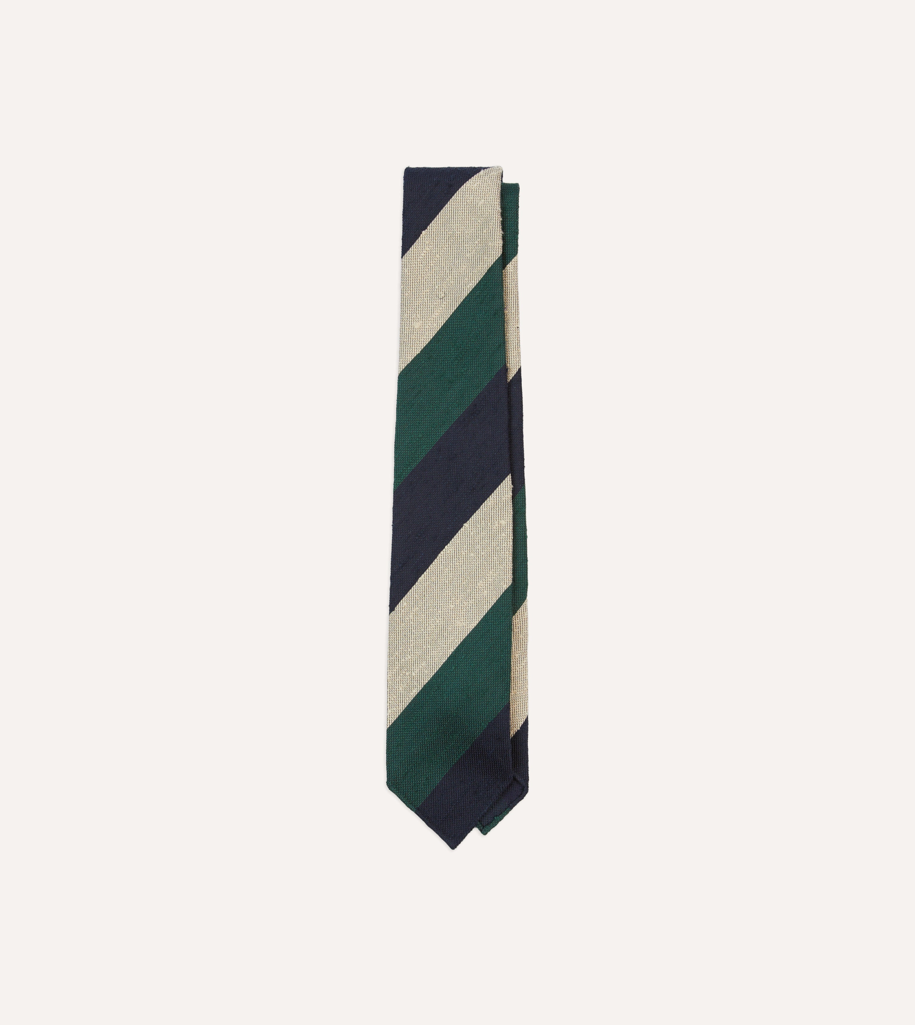 Navy, Green and Ecru Block Stripe Shantung Silk Tie
