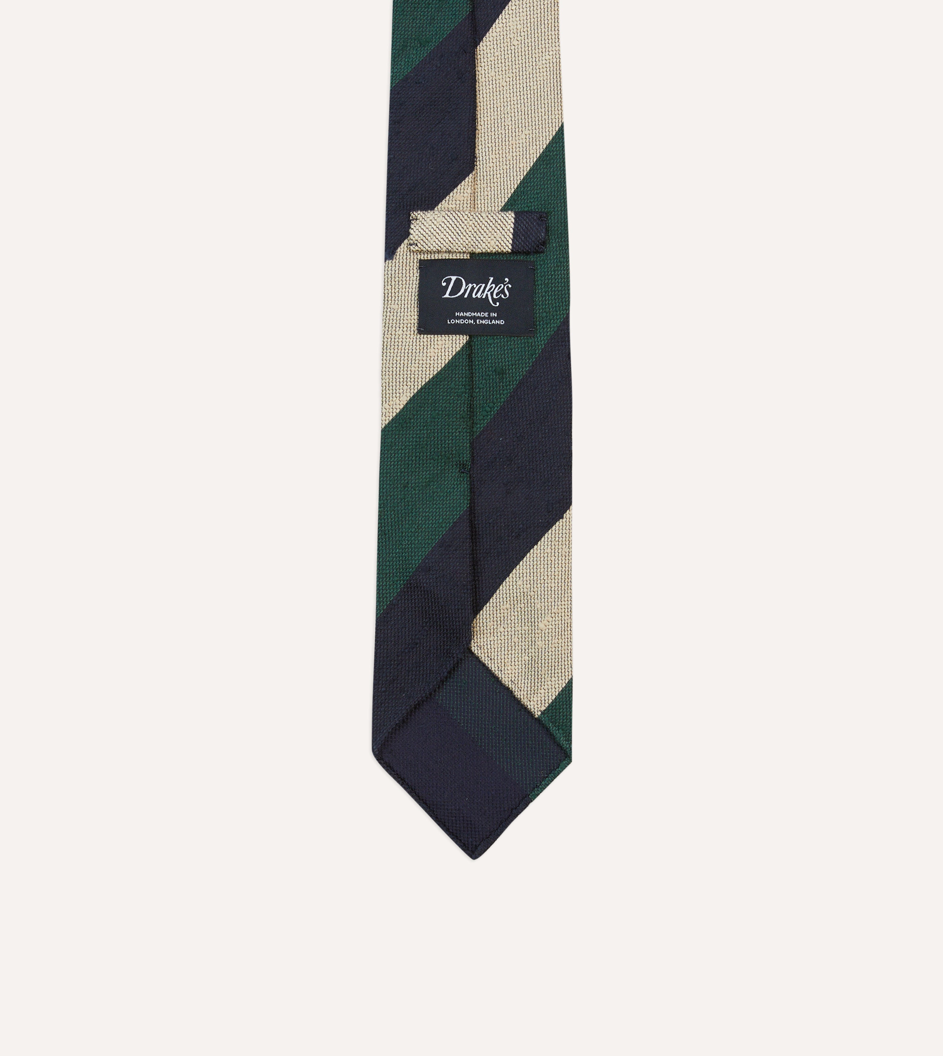 Navy, Green and Ecru Block Stripe Shantung Silk Tie
