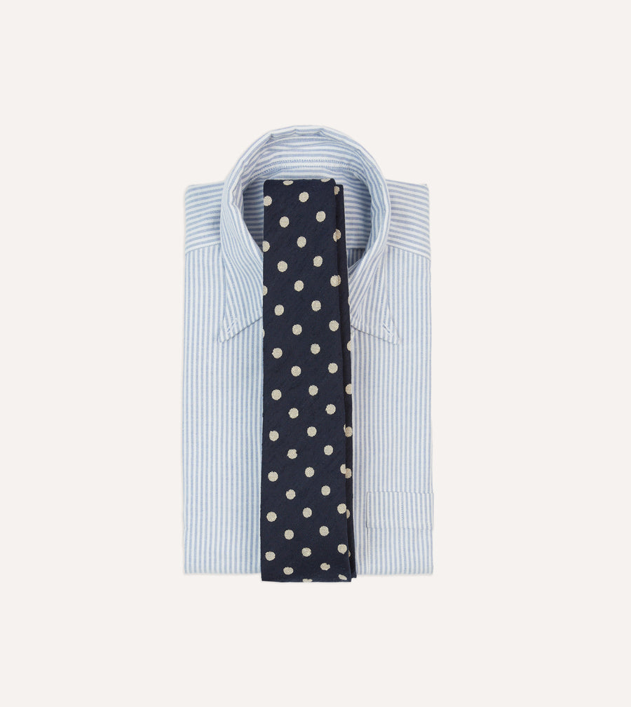 Navy and White Spots Shantung Silk Tie