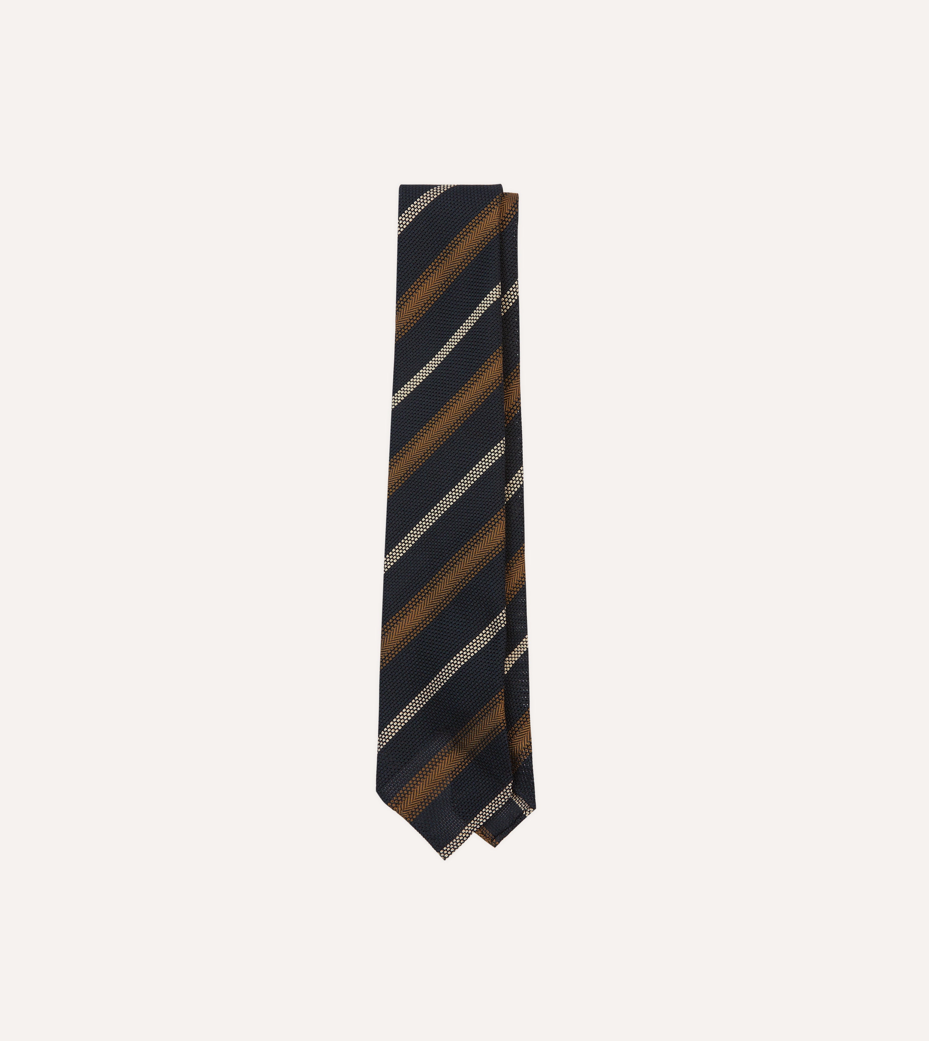 Navy, Gold and Ecru Stripe Hand Rolled Silk Grenadine Tie