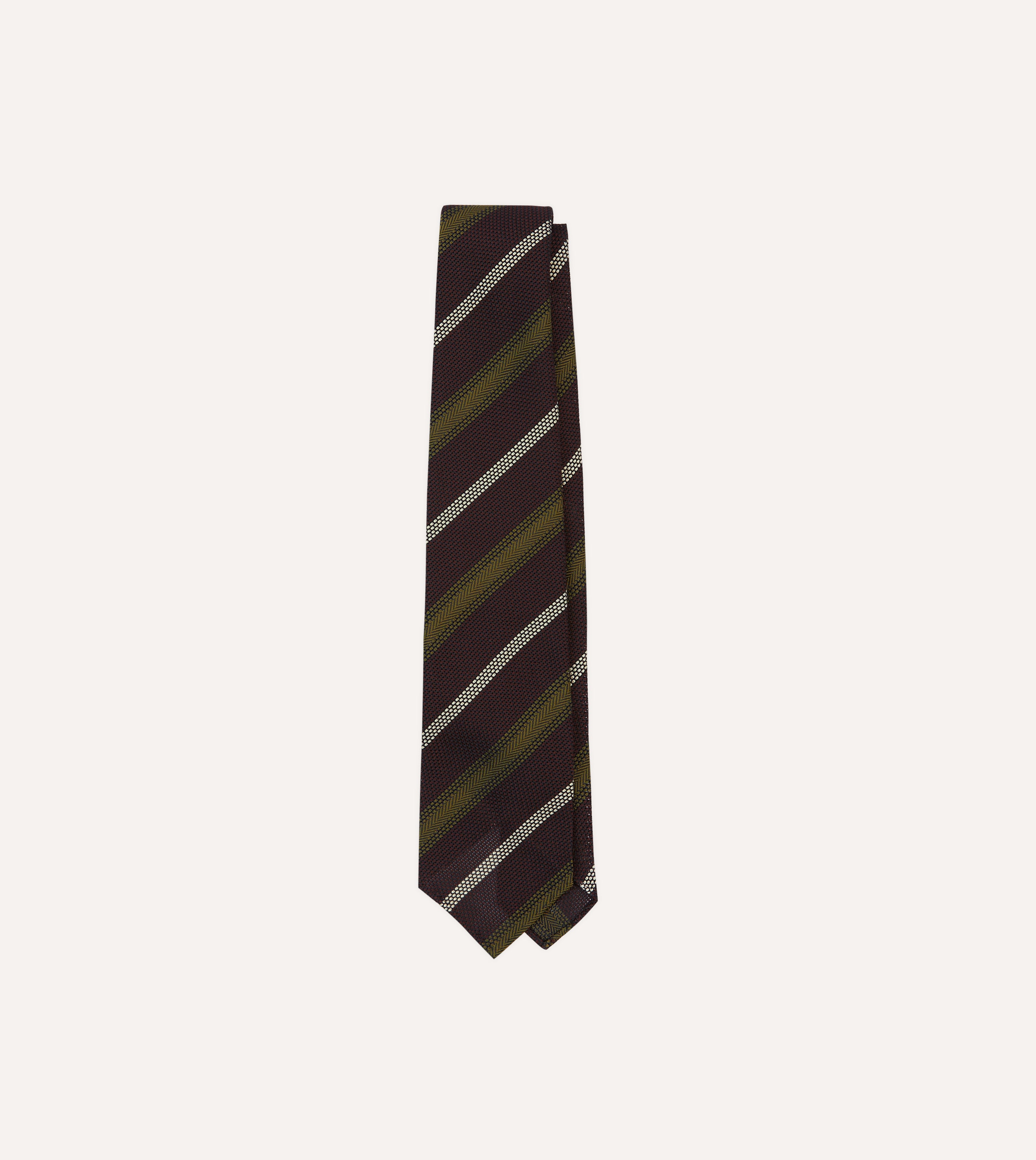 Burgundy, Olive and Ecru Stripe Hand Rolled Silk Grenadine Tie