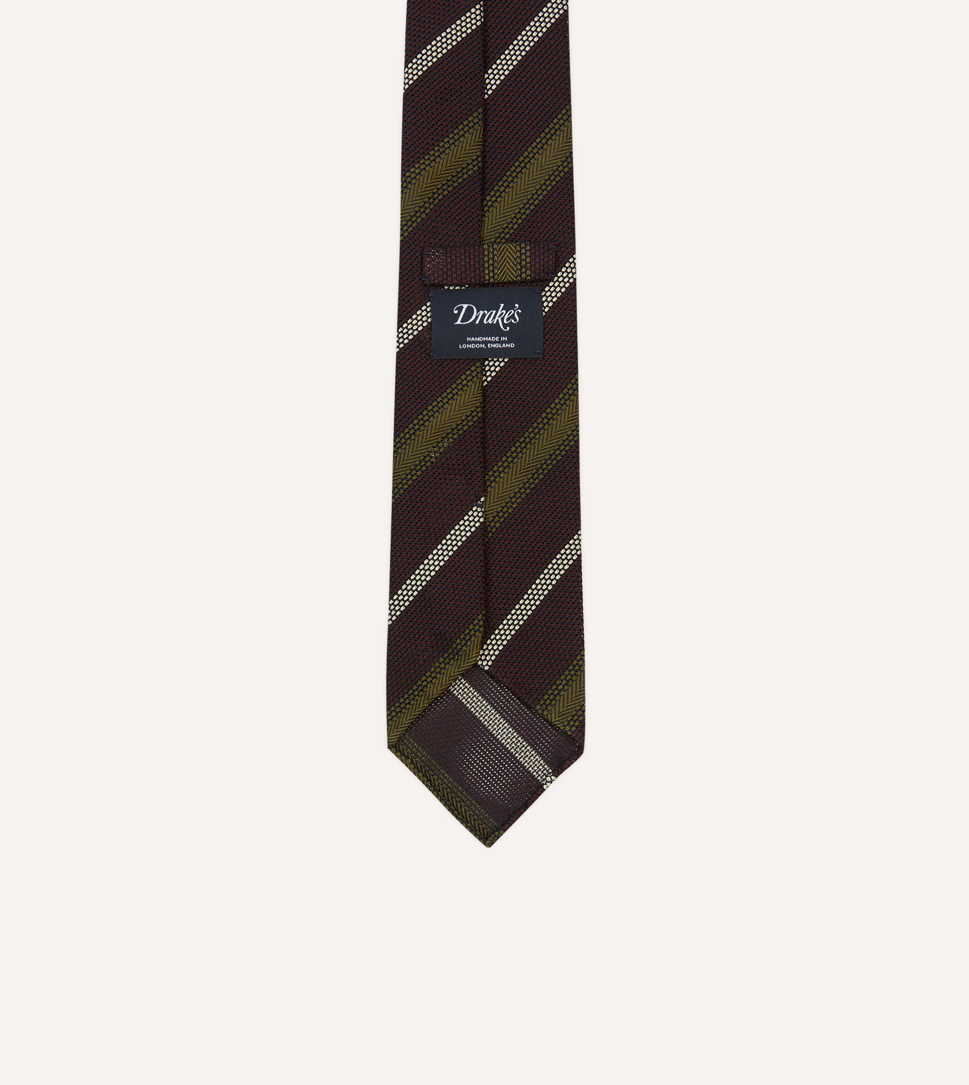 Burgundy, Olive and Ecru Stripe Hand Rolled Silk Grenadine Tie