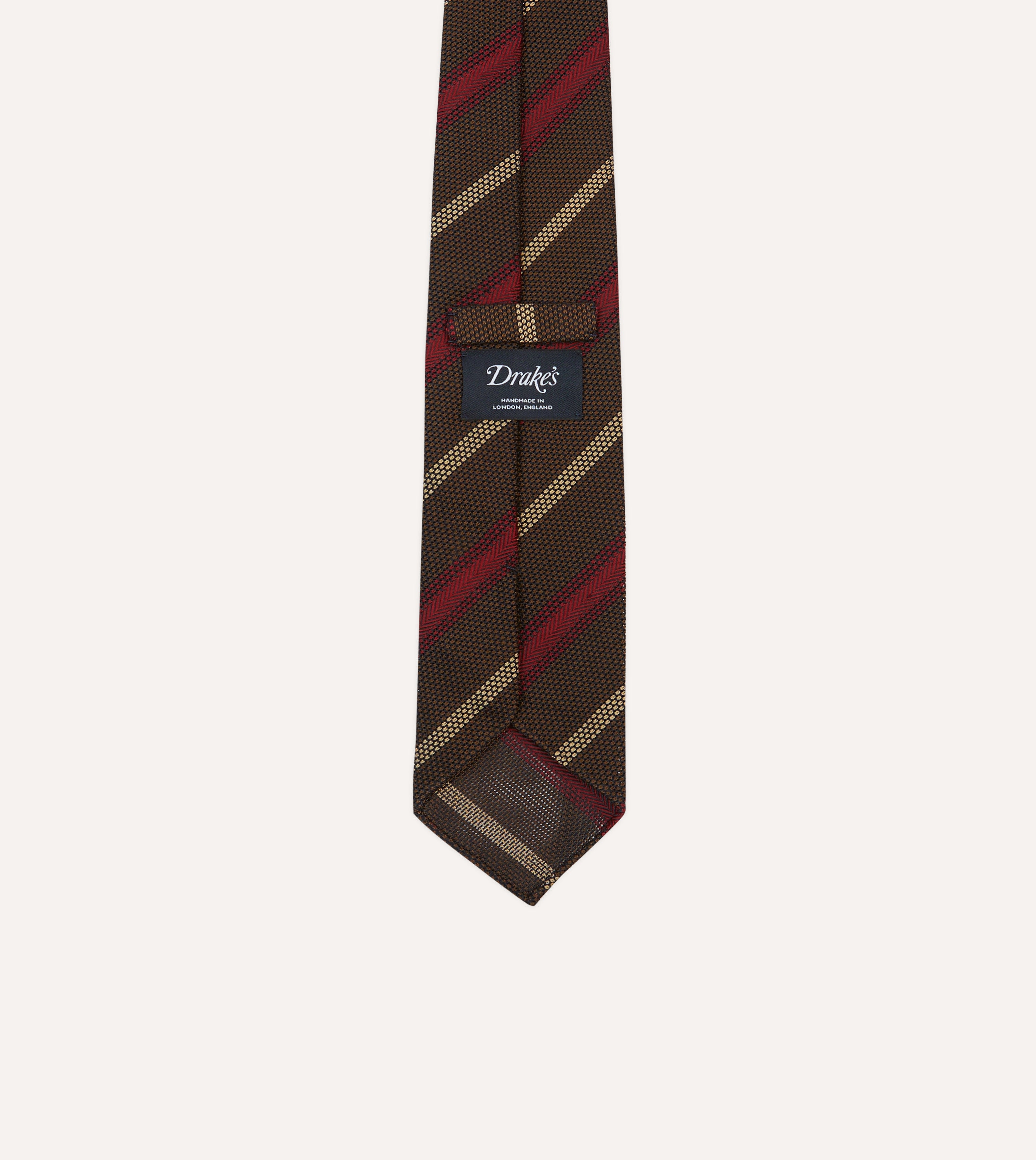 Brown, Red and Ecru Stripe Hand Rolled Silk Grenadine Tie