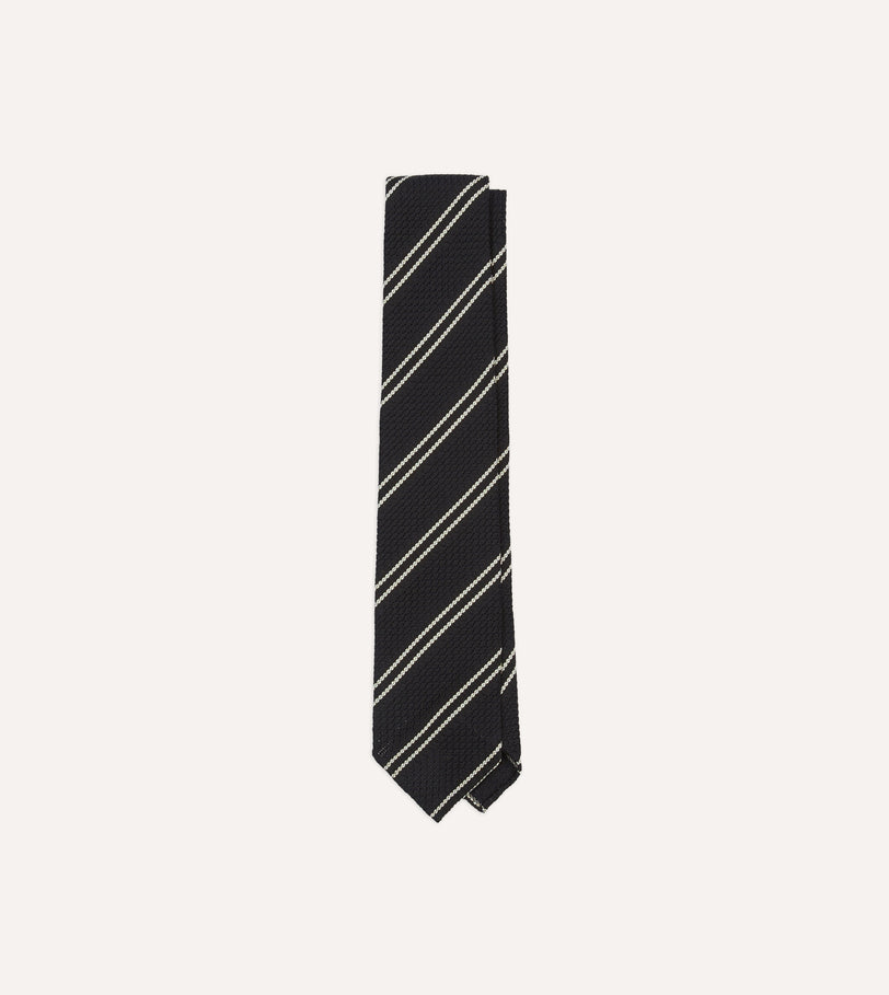 Navy Double Stripe Hand Rolled Silk Grenadine Tie