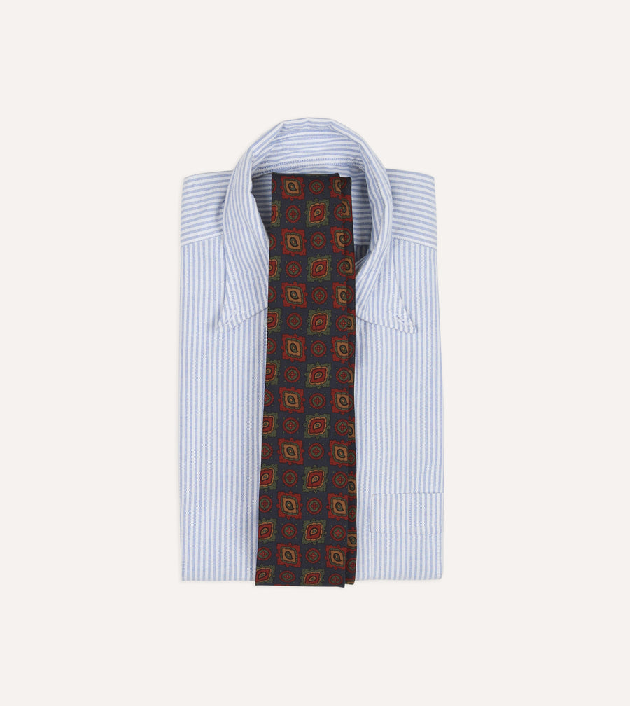 Navy Paisley Medallion Print Wool-Silk Hand Rolled Tie