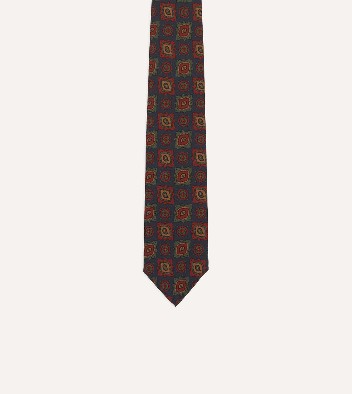 Navy Paisley Medallion Print Wool-Silk Hand Rolled Tie