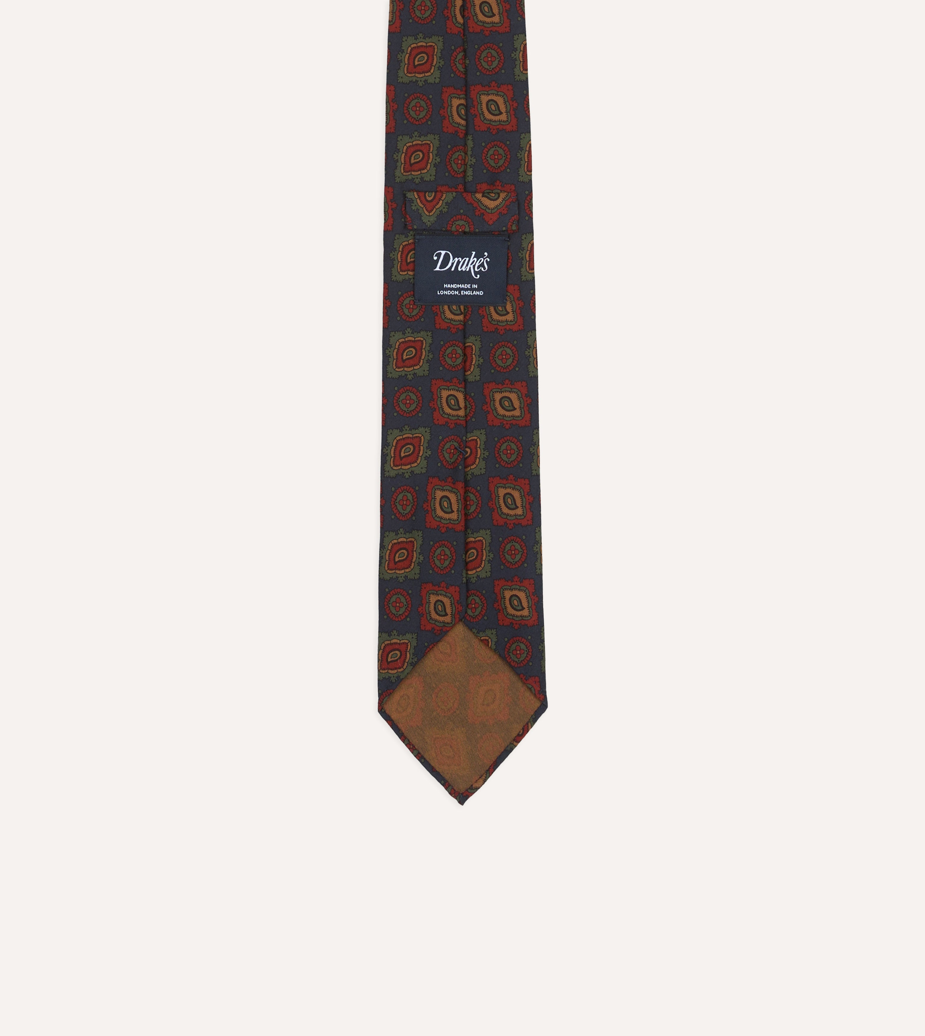 Navy Paisley Medallion Print Wool-Silk Hand Rolled Tie