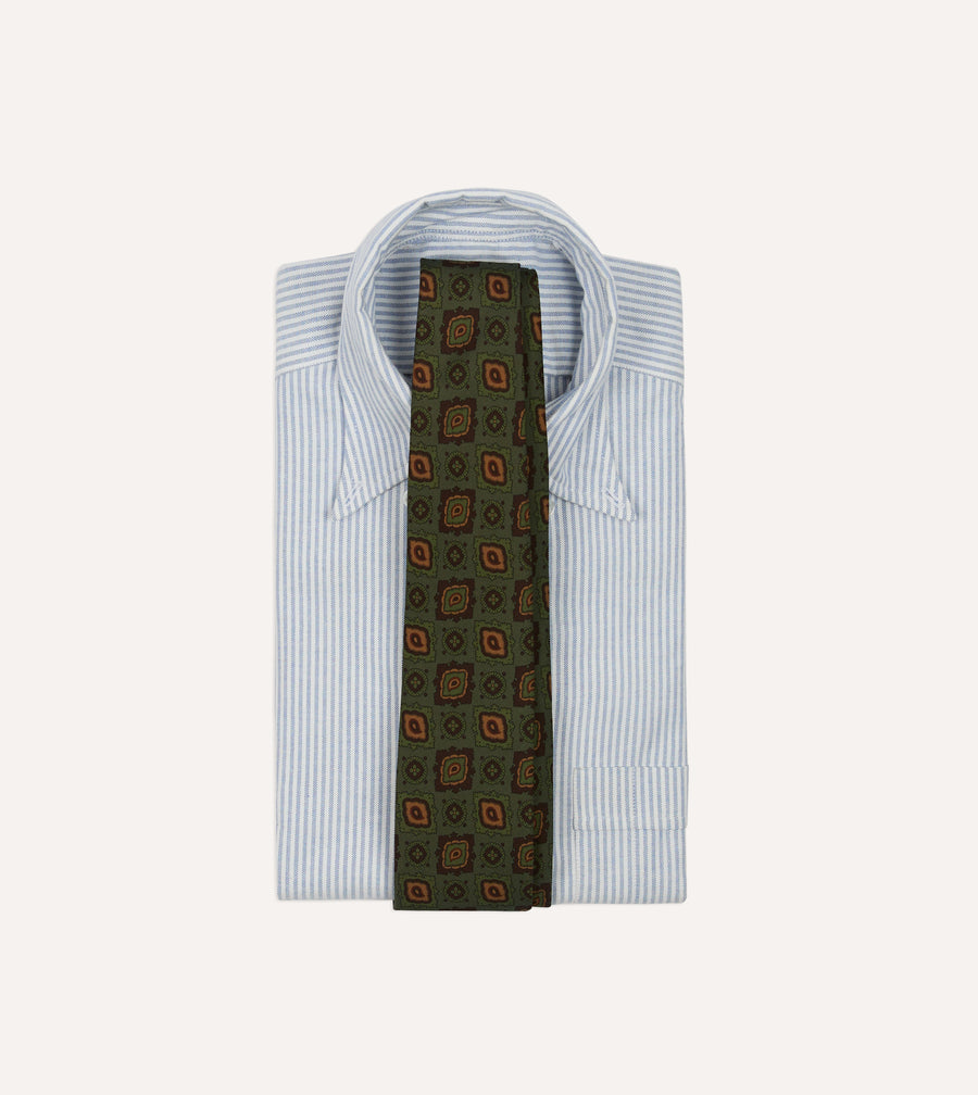 Green Paisley Medallion Print Wool-Silk Hand Rolled Tie