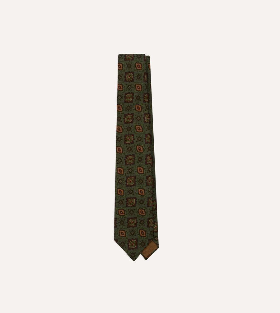 Green Paisley Medallion Print Wool-Silk Hand Rolled Tie