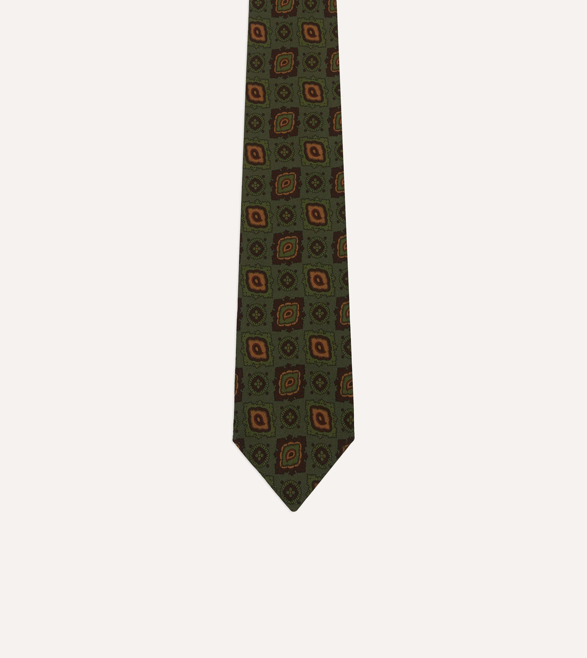 Green Paisley Medallion Print Wool-Silk Hand Rolled Tie