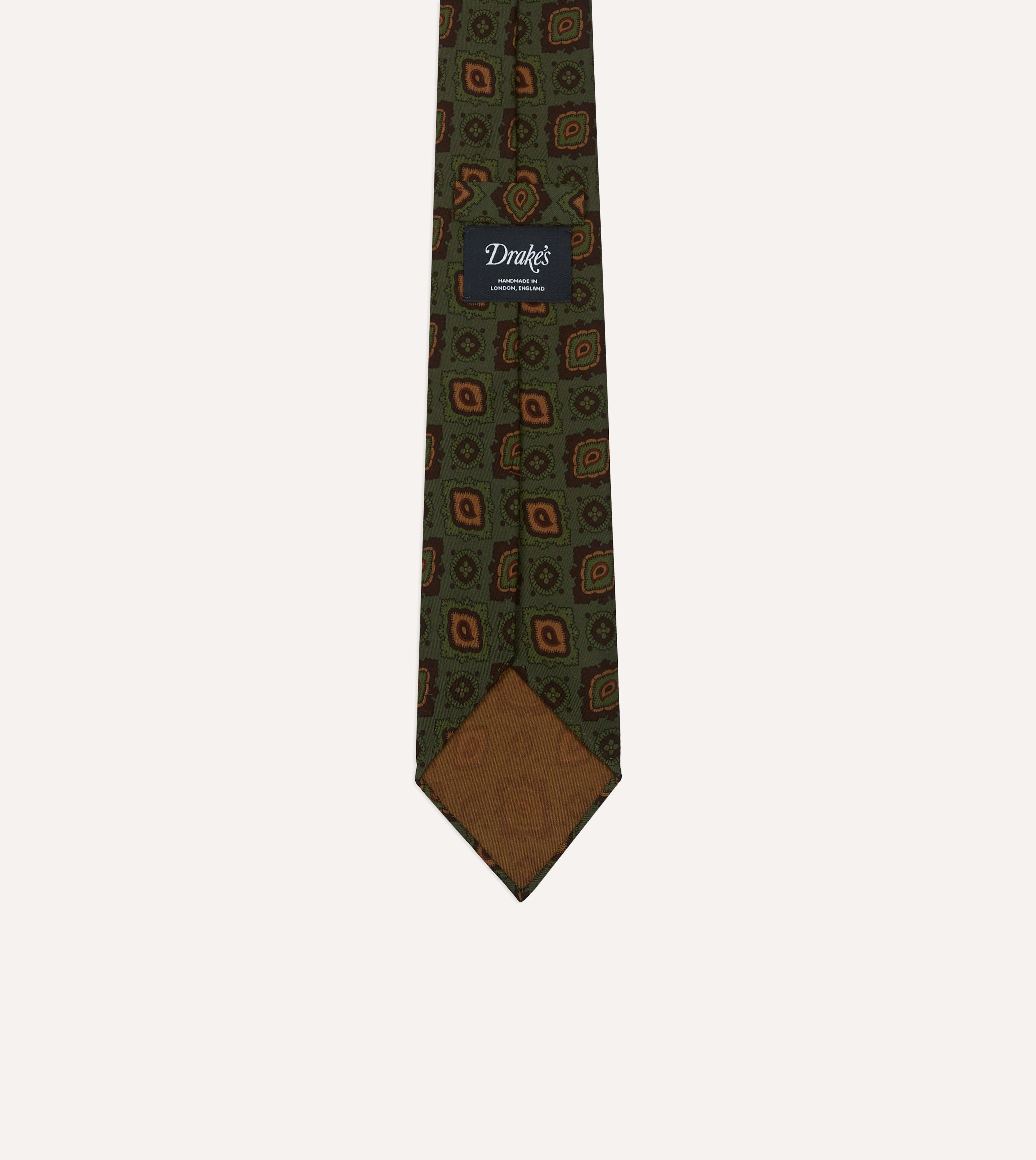 Green Paisley Medallion Print Wool-Silk Hand Rolled Tie
