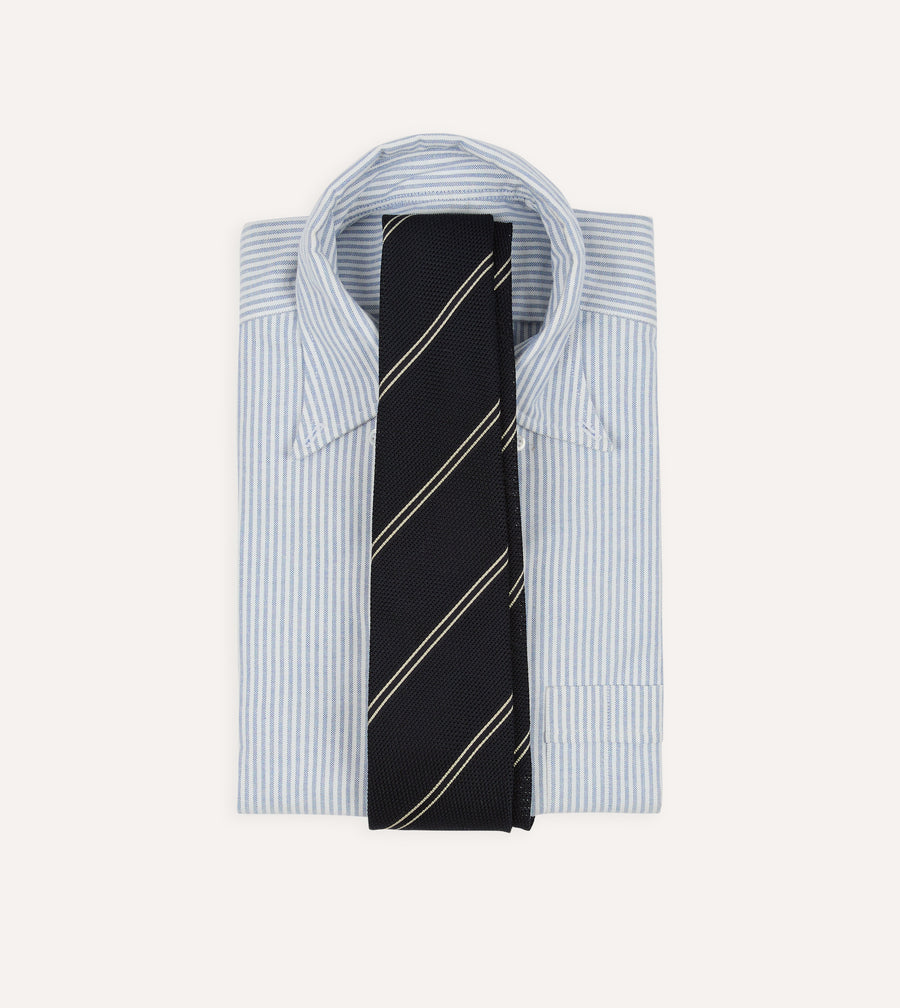 Navy and Ecru Bar Stripe Hand Rolled Silk Grenadine Tie
