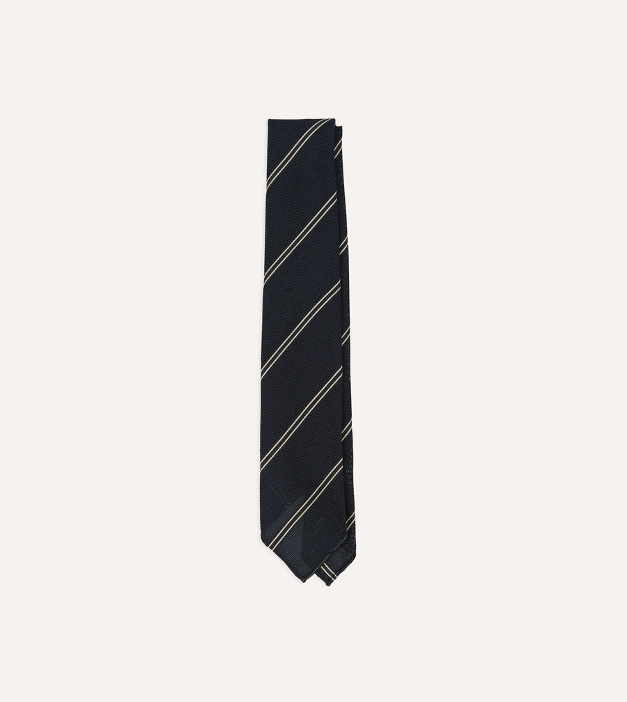Navy and Ecru Bar Stripe Hand Rolled Silk Grenadine Tie