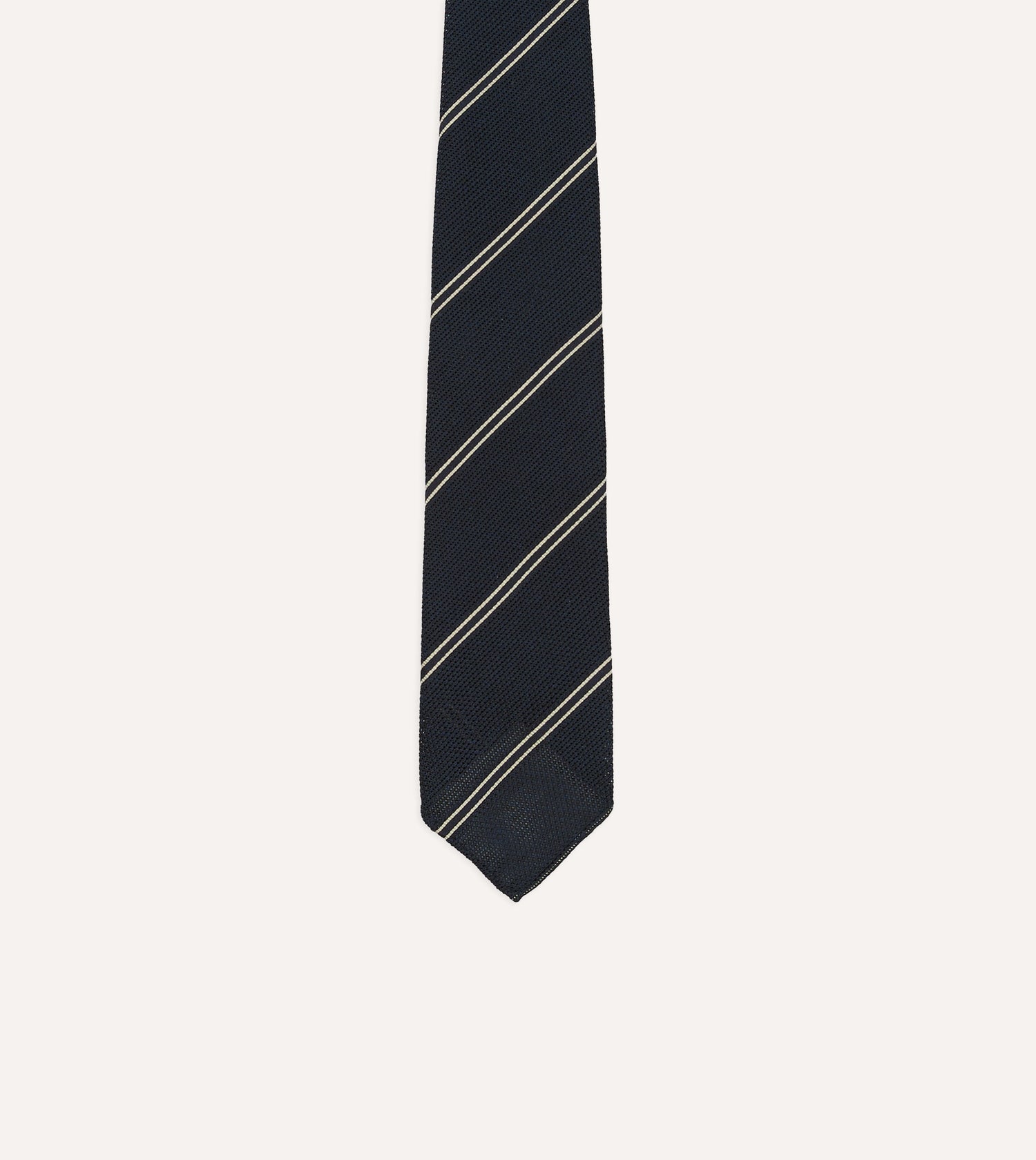 Navy and Ecru Bar Stripe Hand Rolled Silk Grenadine Tie