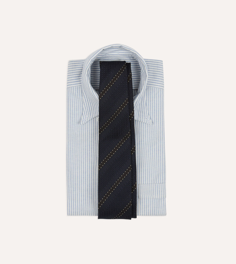 Navy and Brown Stitch Stripe Hand Rolled Silk Grenadine Tie