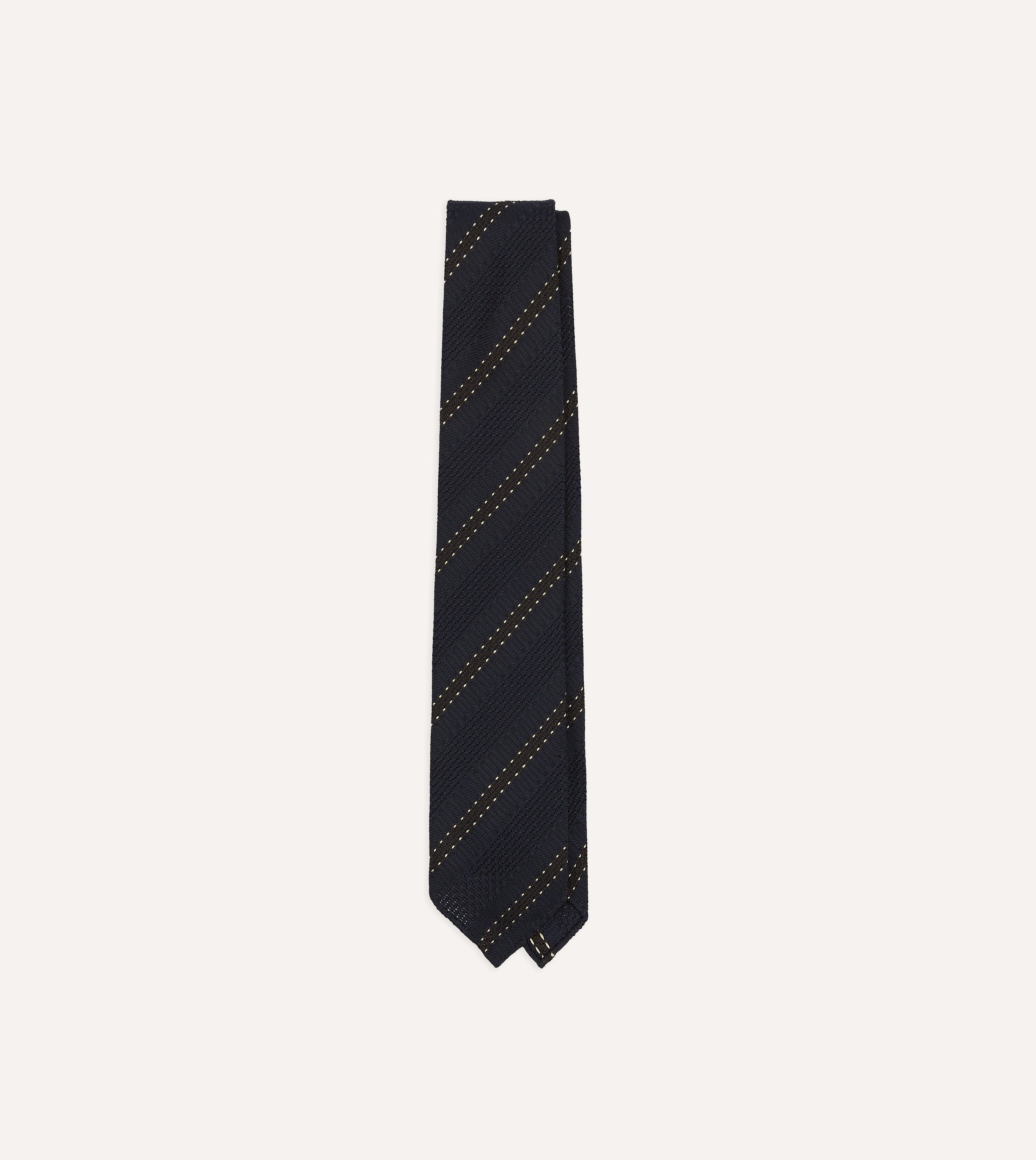Navy and Brown Stitch Stripe Hand Rolled Silk Grenadine Tie
