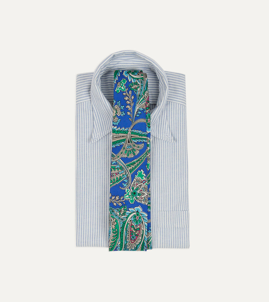 Blue Nouveau Leaves Shantung Silk Hand-Rolled Tie