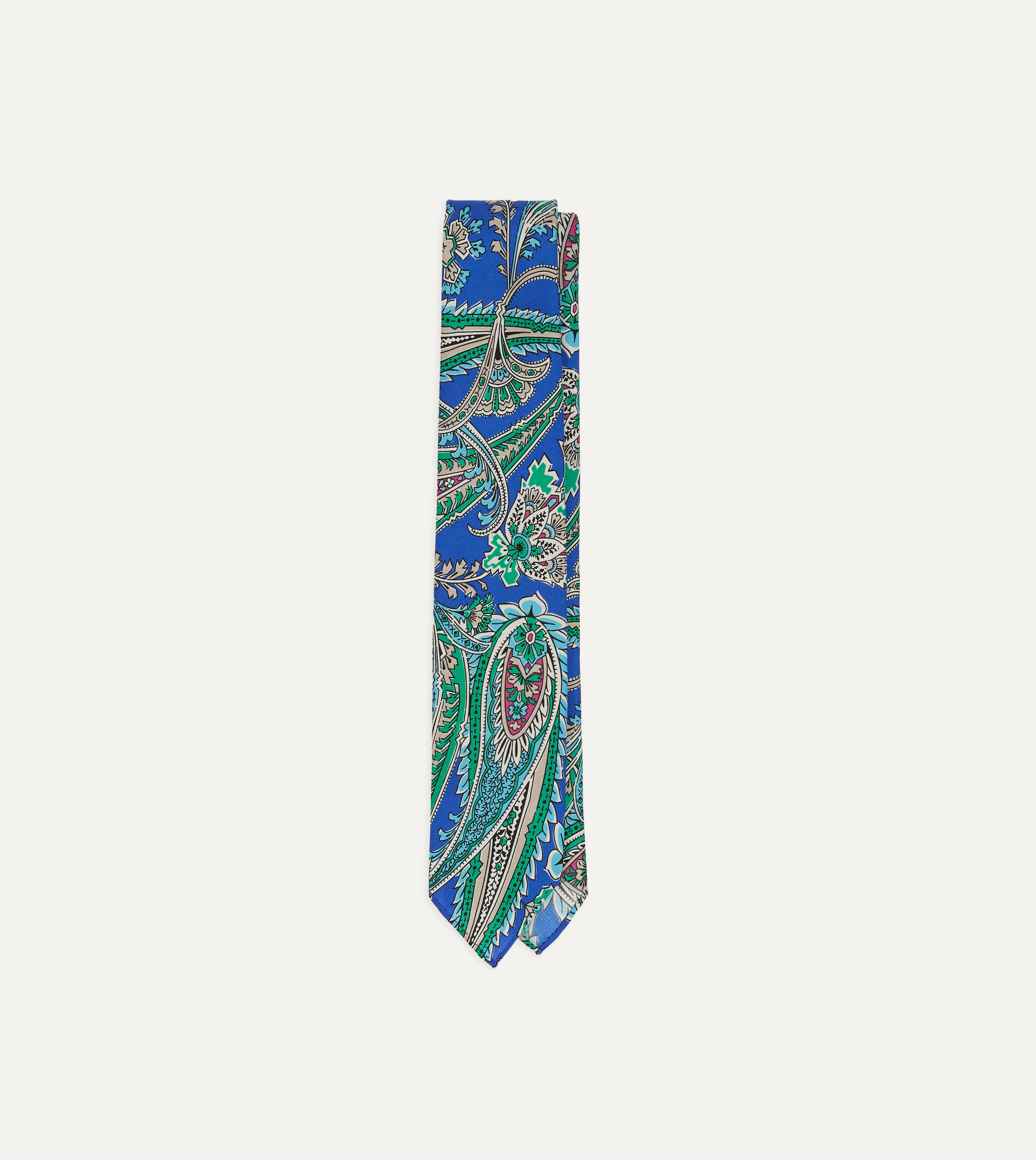 Blue Nouveau Leaves Shantung Silk Hand-Rolled Tie
