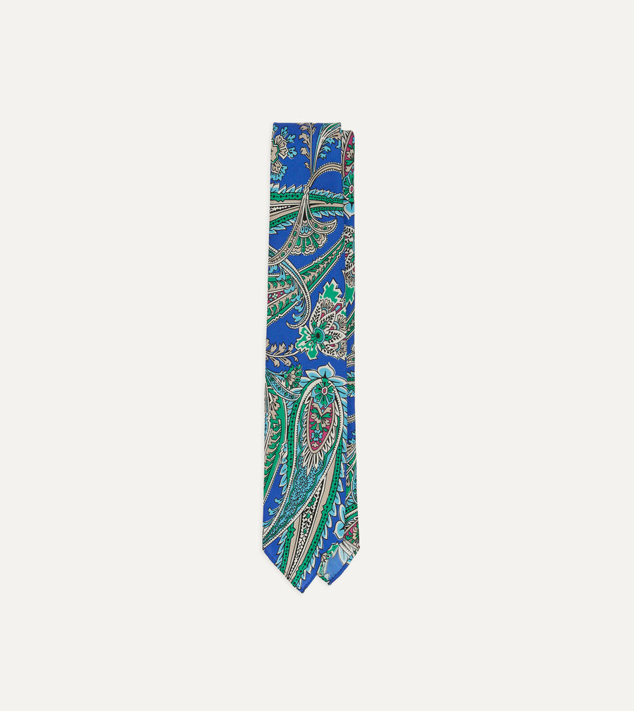 Blue Nouveau Leaves Shantung Silk Hand-Rolled Tie