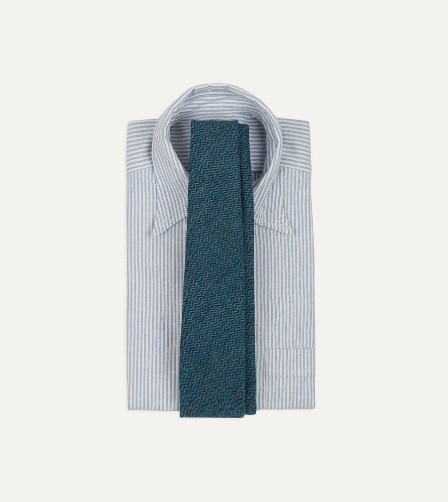 Blue Herringbone Shetland Wool Hand Rolled Tie