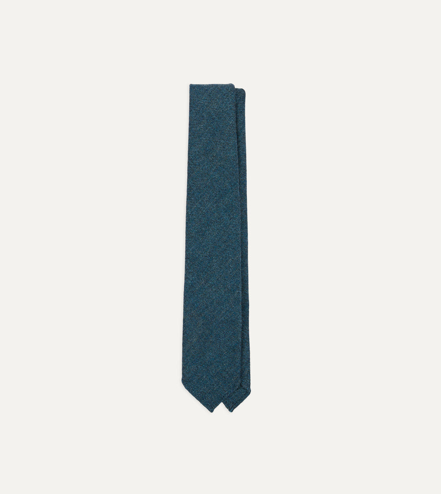 Blue Herringbone Shetland Wool Hand Rolled Tie