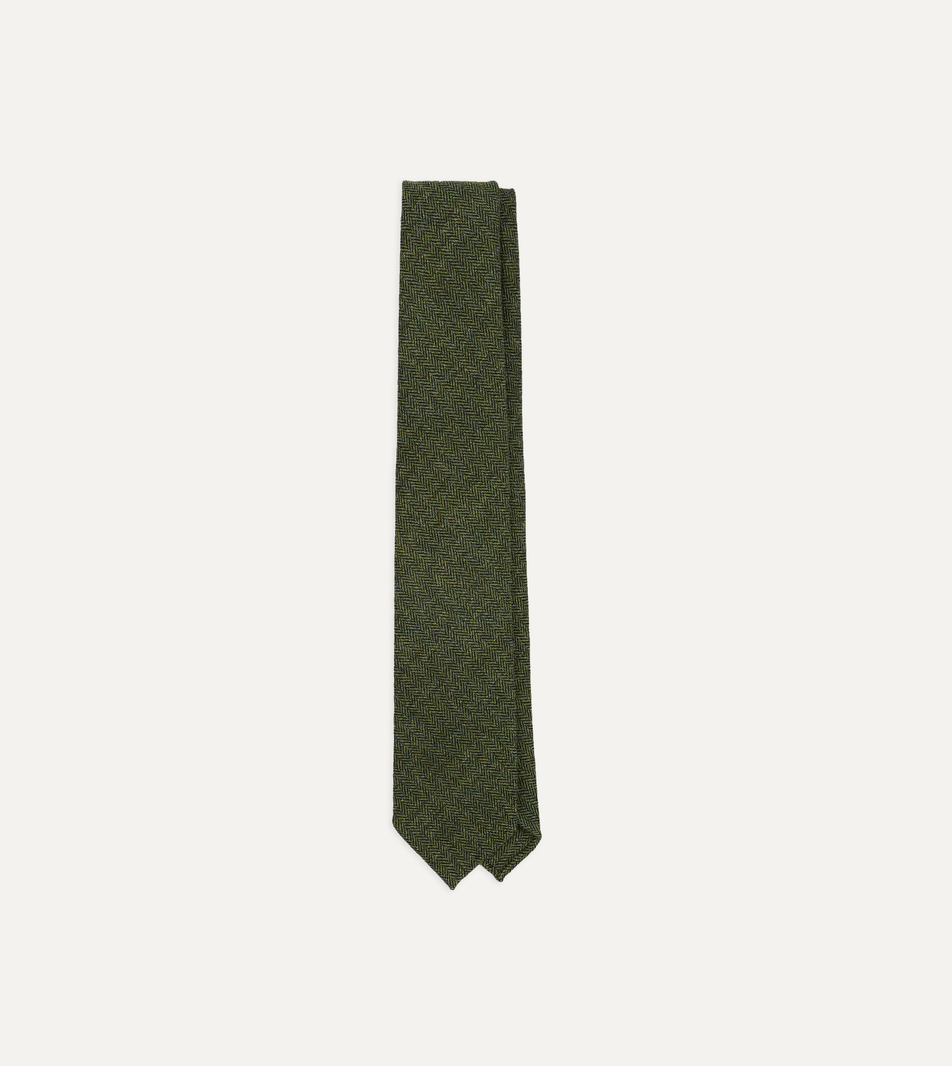 Green Herringbone Shetland Wool Hand Rolled Tie