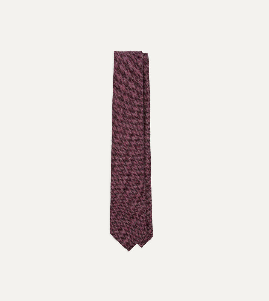 Pink Herringbone Shetland Wool Hand Rolled Tie