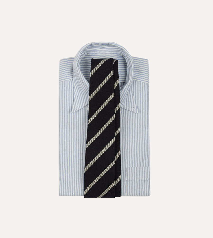 Navy and White Line Stripe Hand Rolled Wool Tie