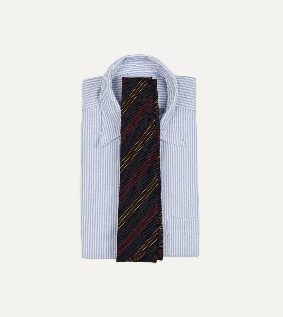 Navy, Red and Yellow Stripe Grenadine Hand Rolled Wool-Silk Tie