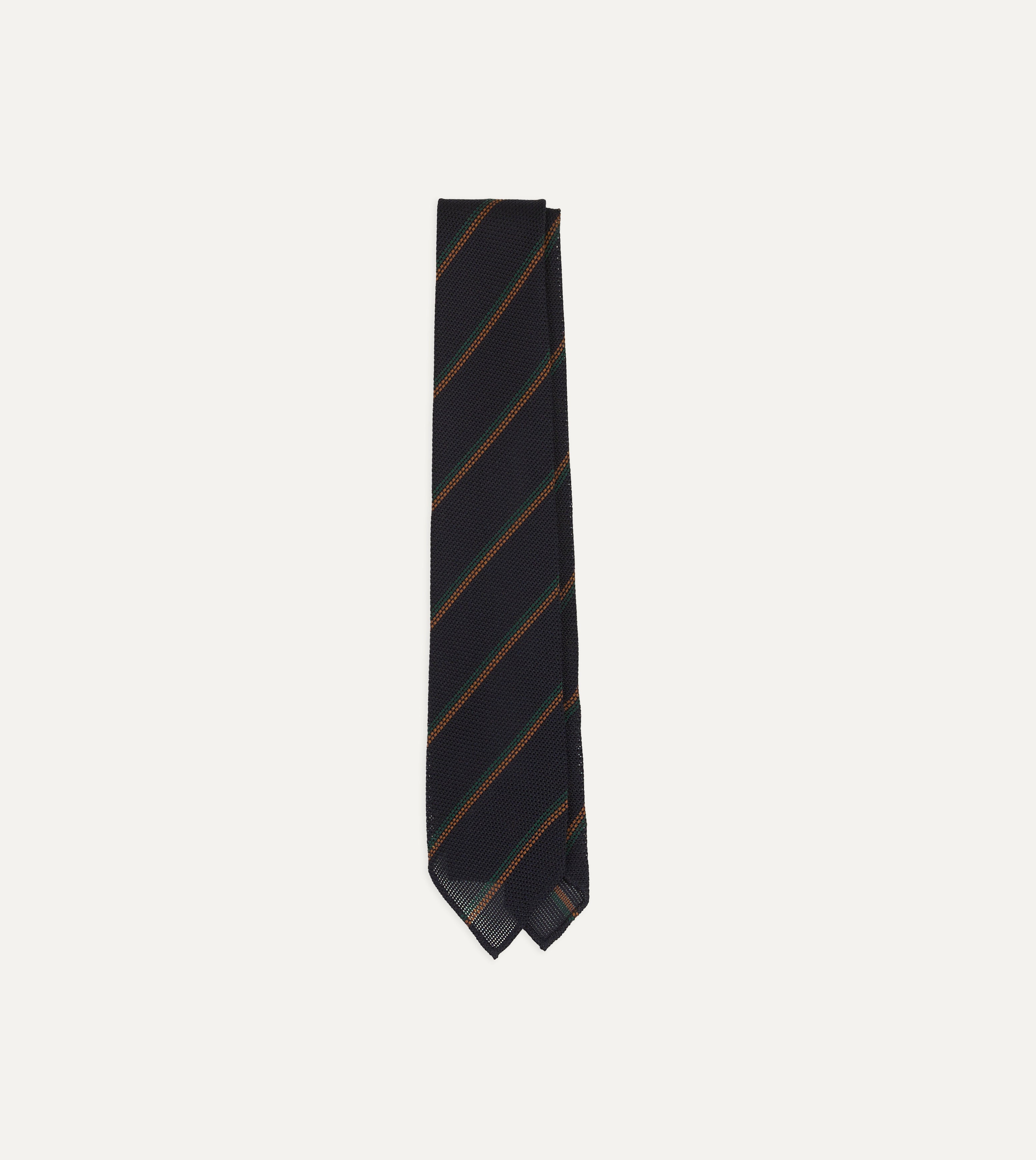 Navy, Green and Brown Stripe Grenadine Hand Rolled Wool-Silk Tie