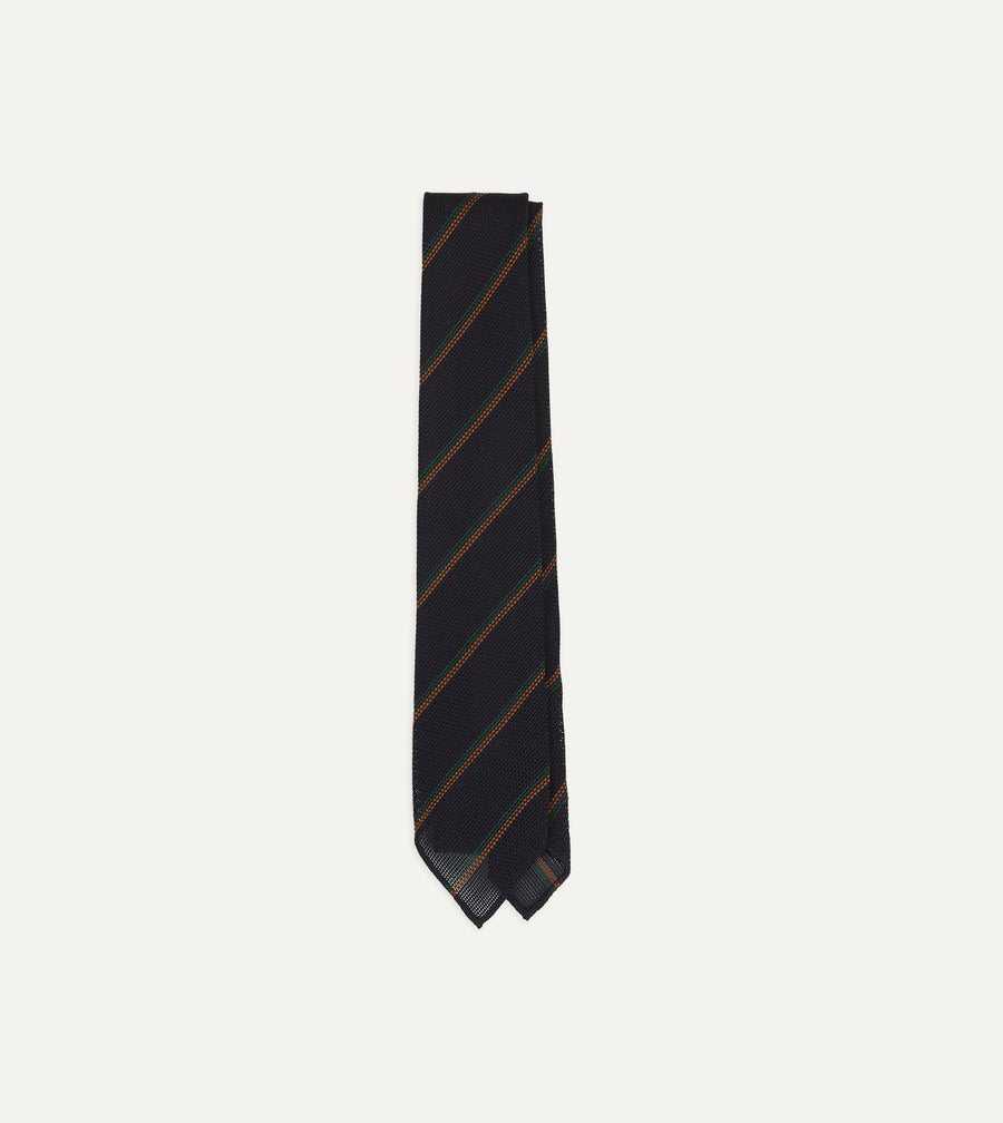 Navy, Green and Brown Stripe Grenadine Hand Rolled Wool-Silk Tie