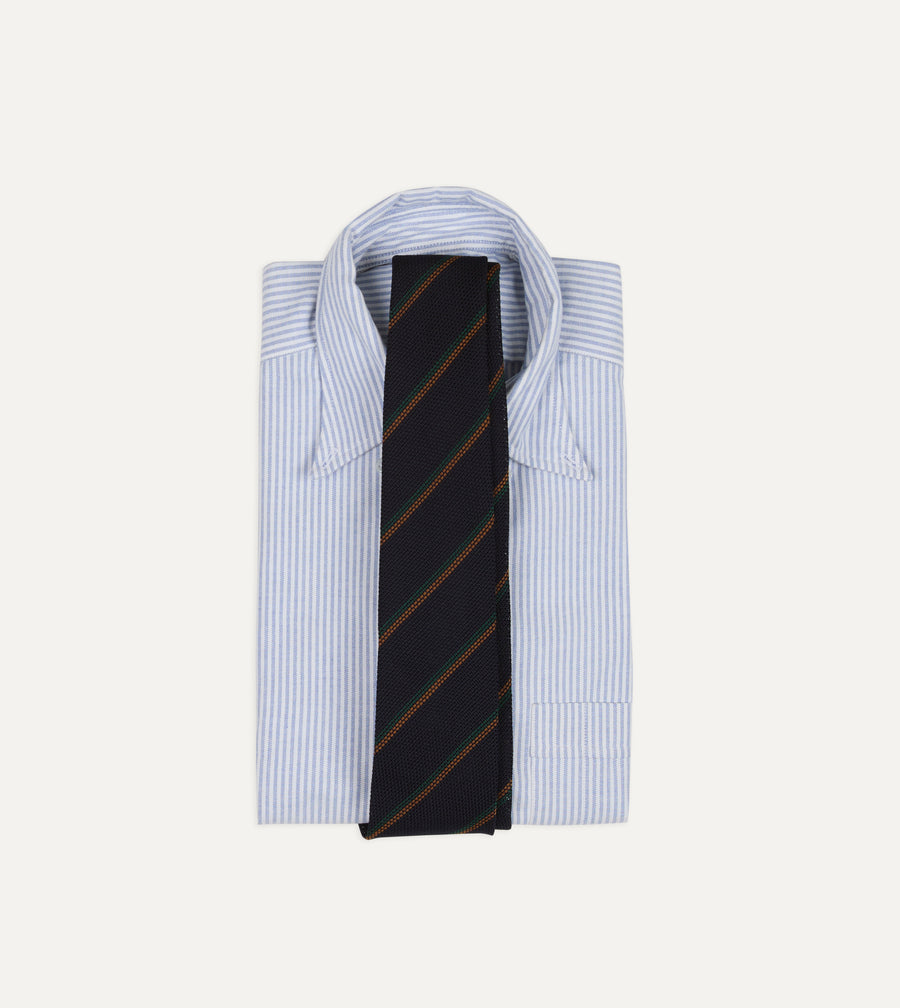 Navy, Green and Brown Stripe Grenadine Hand Rolled Wool-Silk Tie