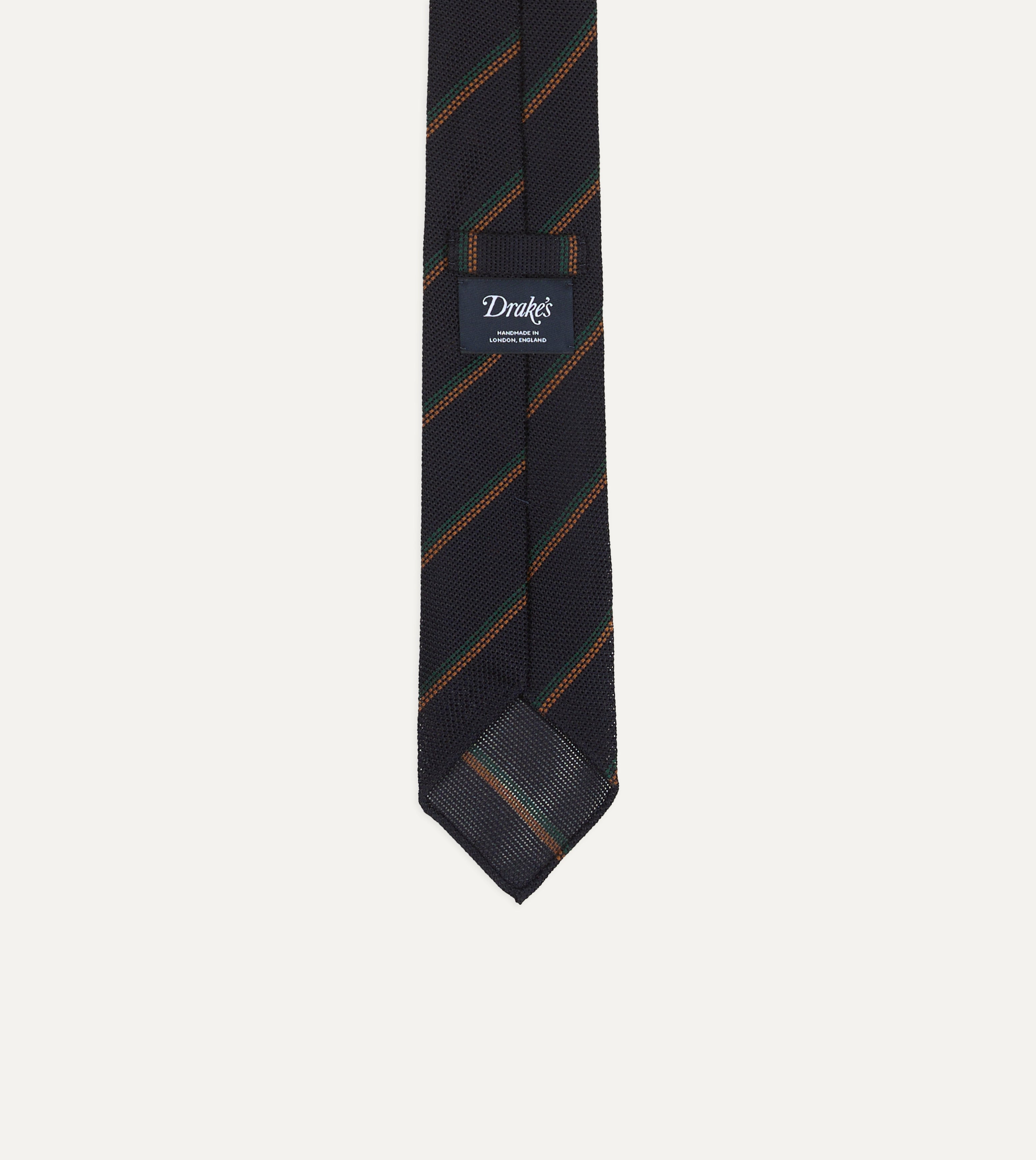 Navy, Green and Brown Stripe Grenadine Hand Rolled Wool-Silk Tie