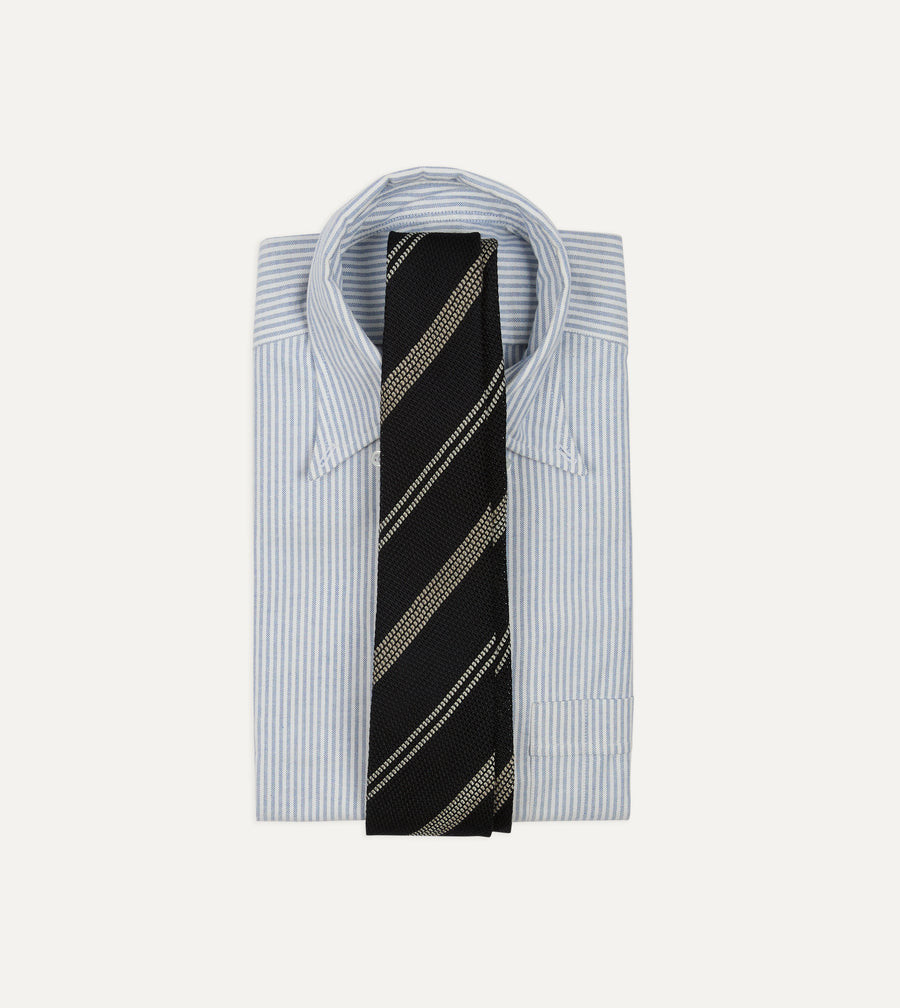 Navy, White and Brown Stripe Grenadine Hand Rolled Wool-Silk Tie