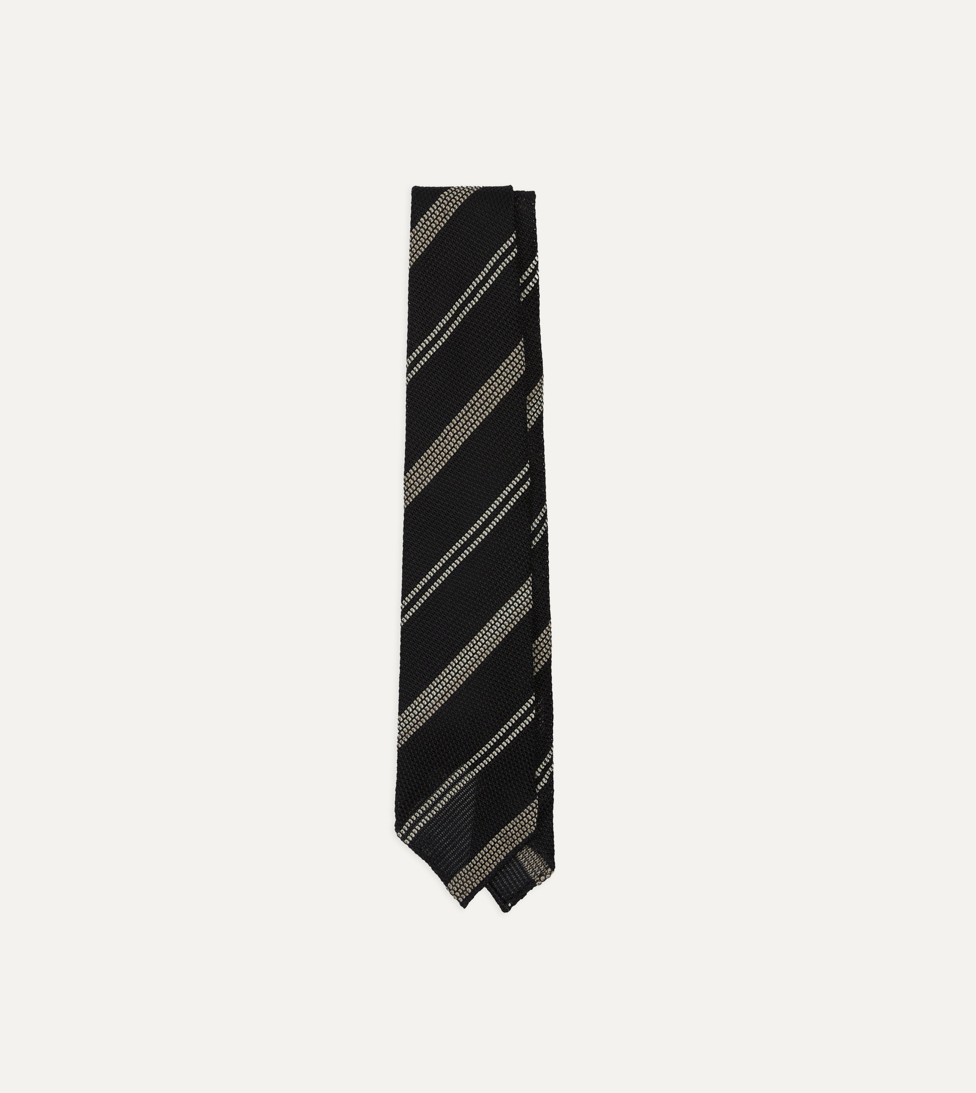 Navy, White and Brown Stripe Grenadine Hand Rolled Wool-Silk Tie
