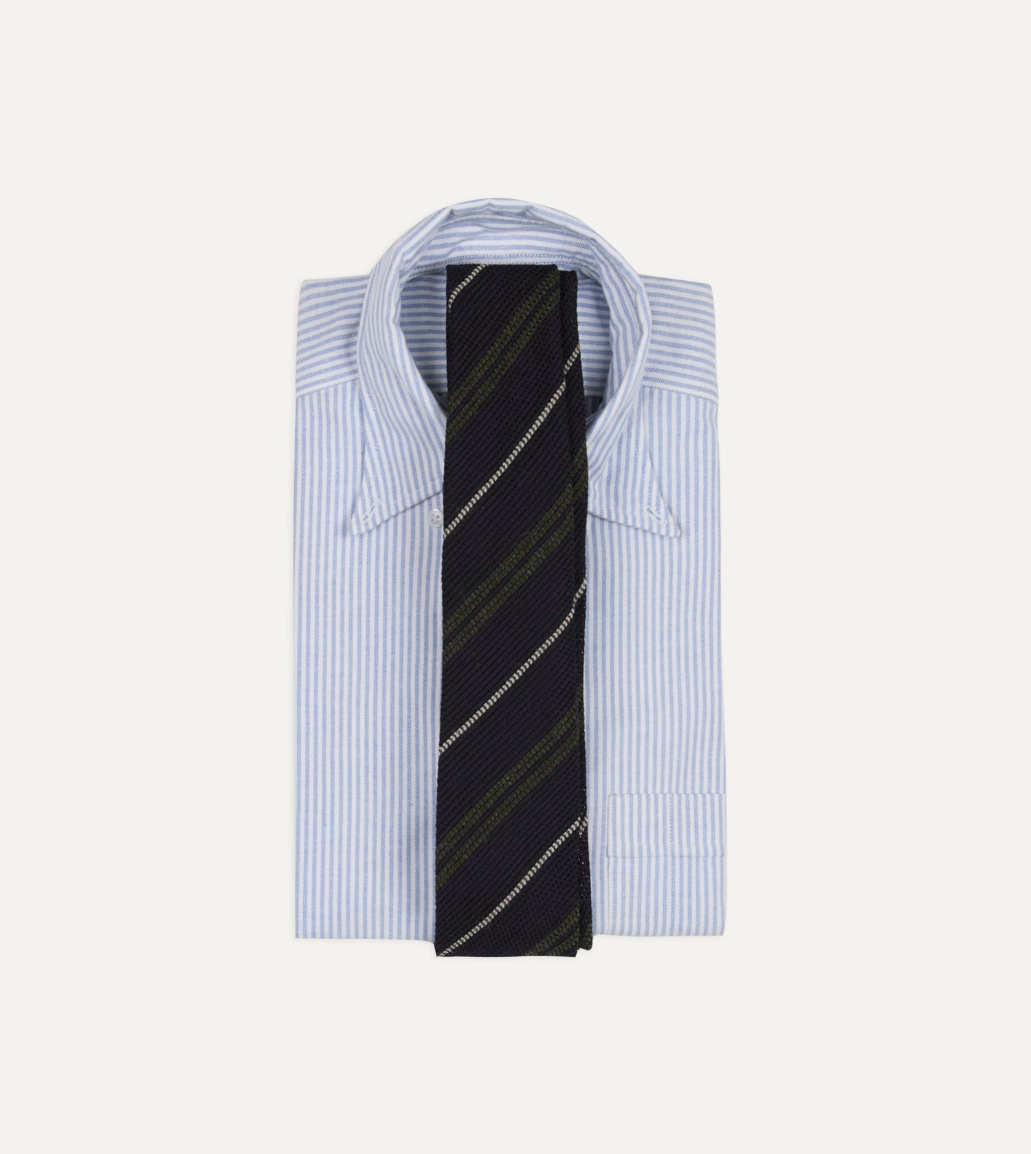 Navy and Green Stripe Grenadine Hand Rolled Shetland Wool Tie