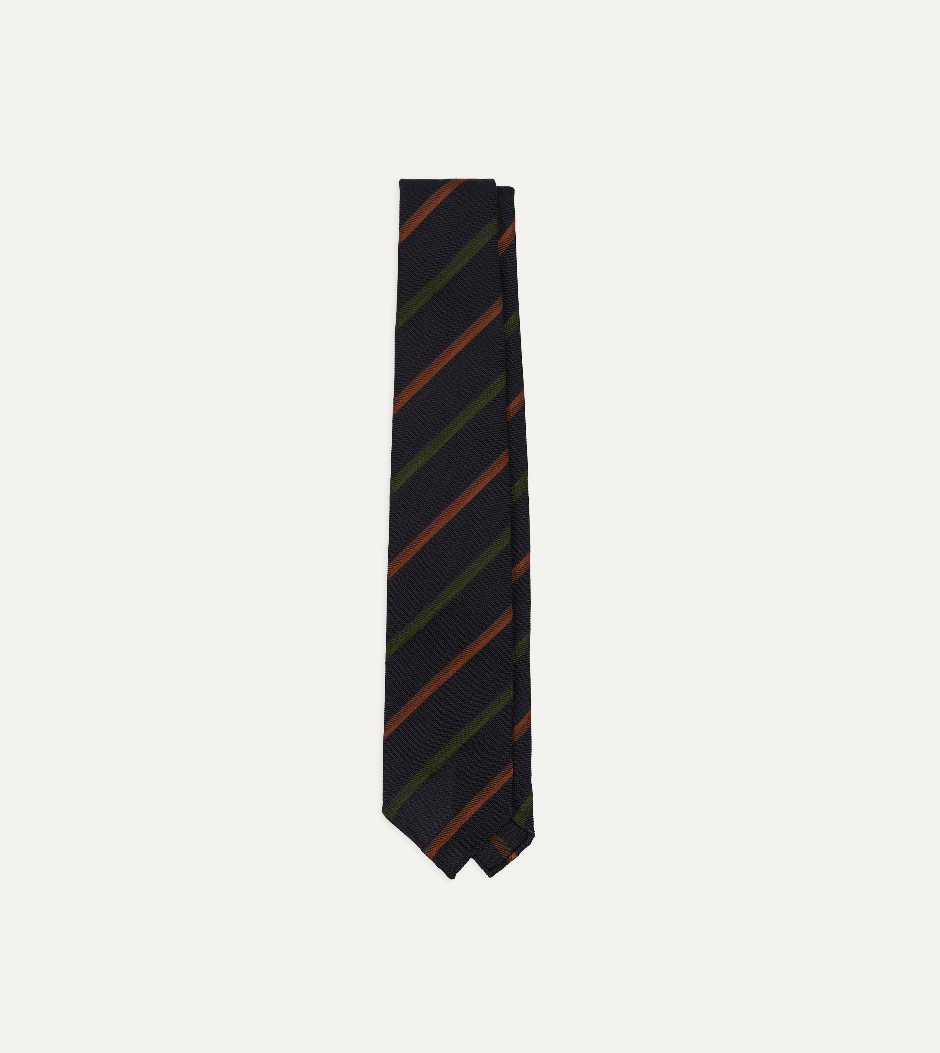 Navy, Green and Brown Multi Stripe Hand Rolled Silk Grenadine Tie