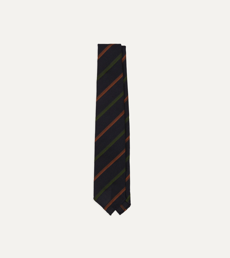 Navy, Green and Brown Multi Stripe Hand Rolled Silk Grenadine Tie