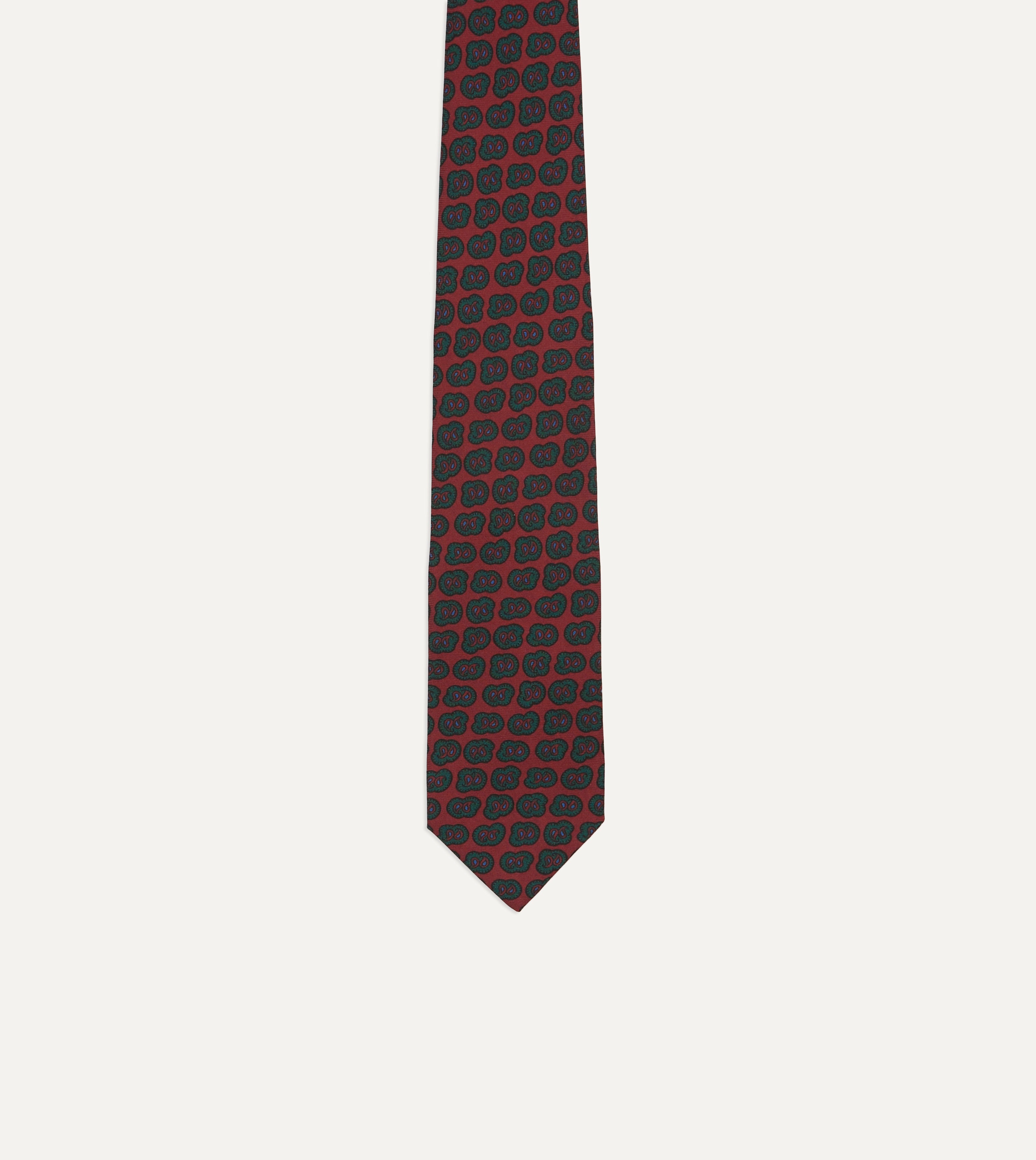 Red and Green Paisley Double Leaf Print Silk Self-Tipped Tie