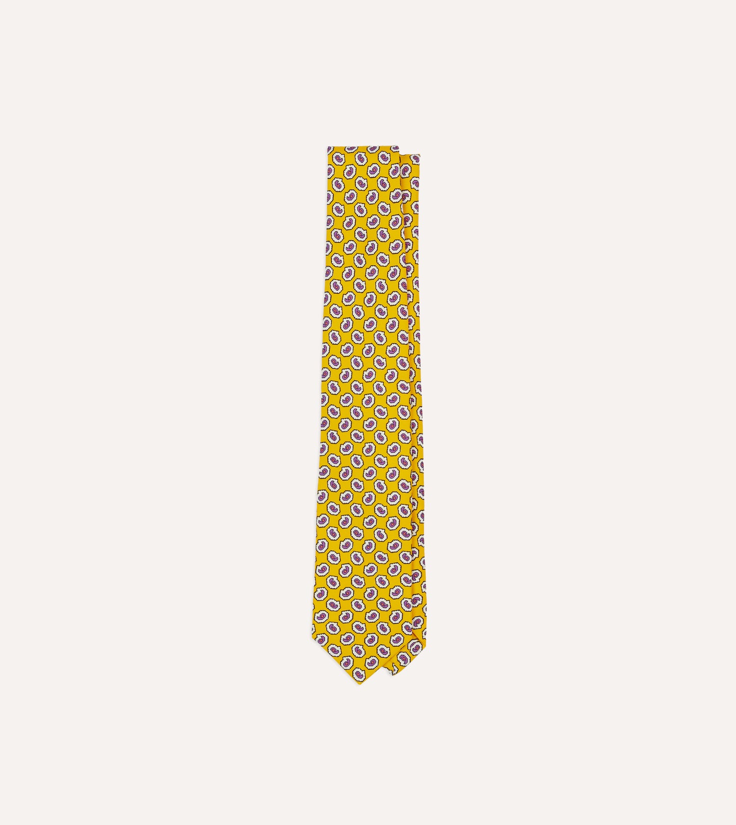 Yellow Small Paisley Leaf Print Silk Self Tipped Tie