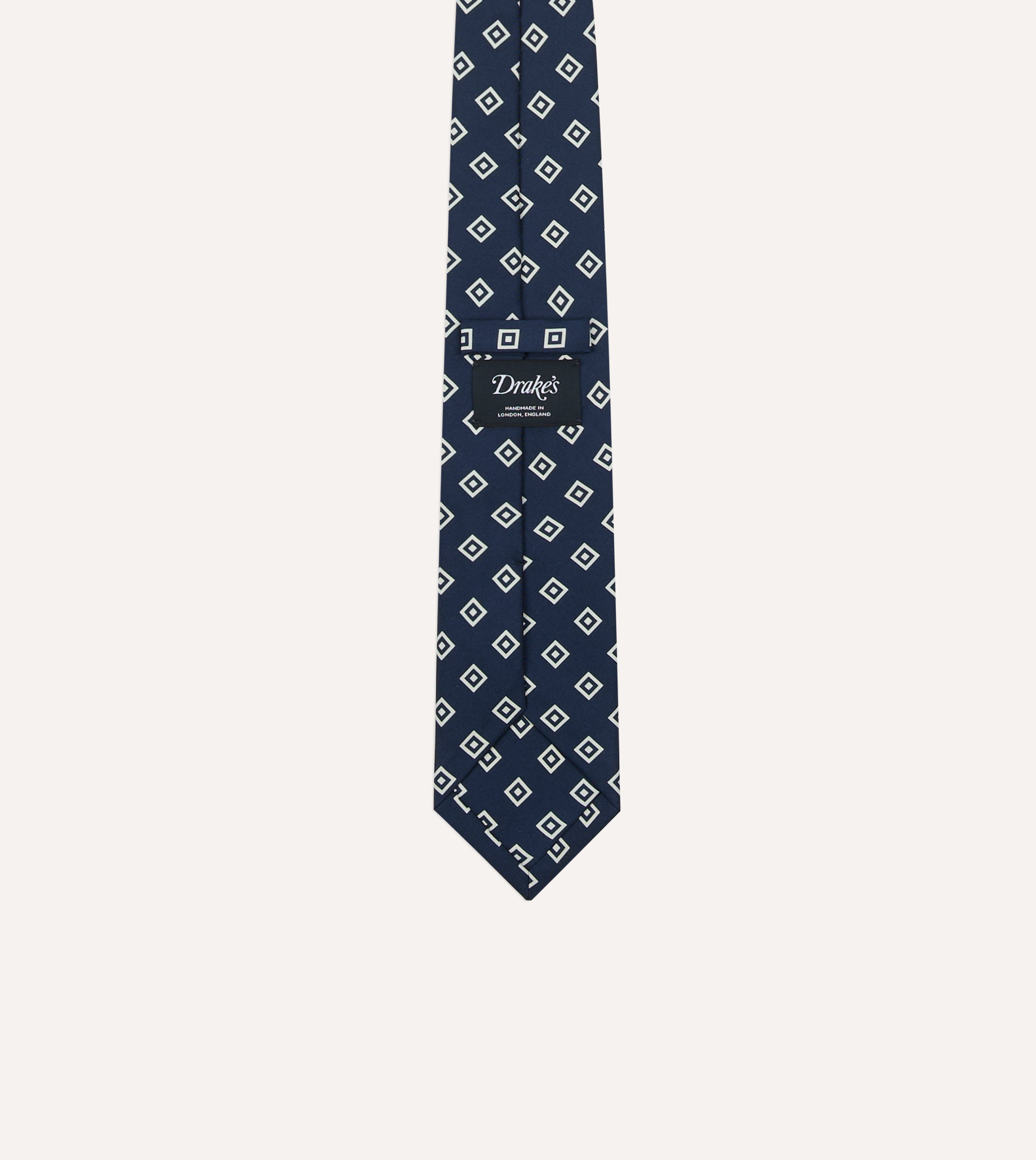 Navy Medallion Crepe de Chine Silk Self-Tipped Tie