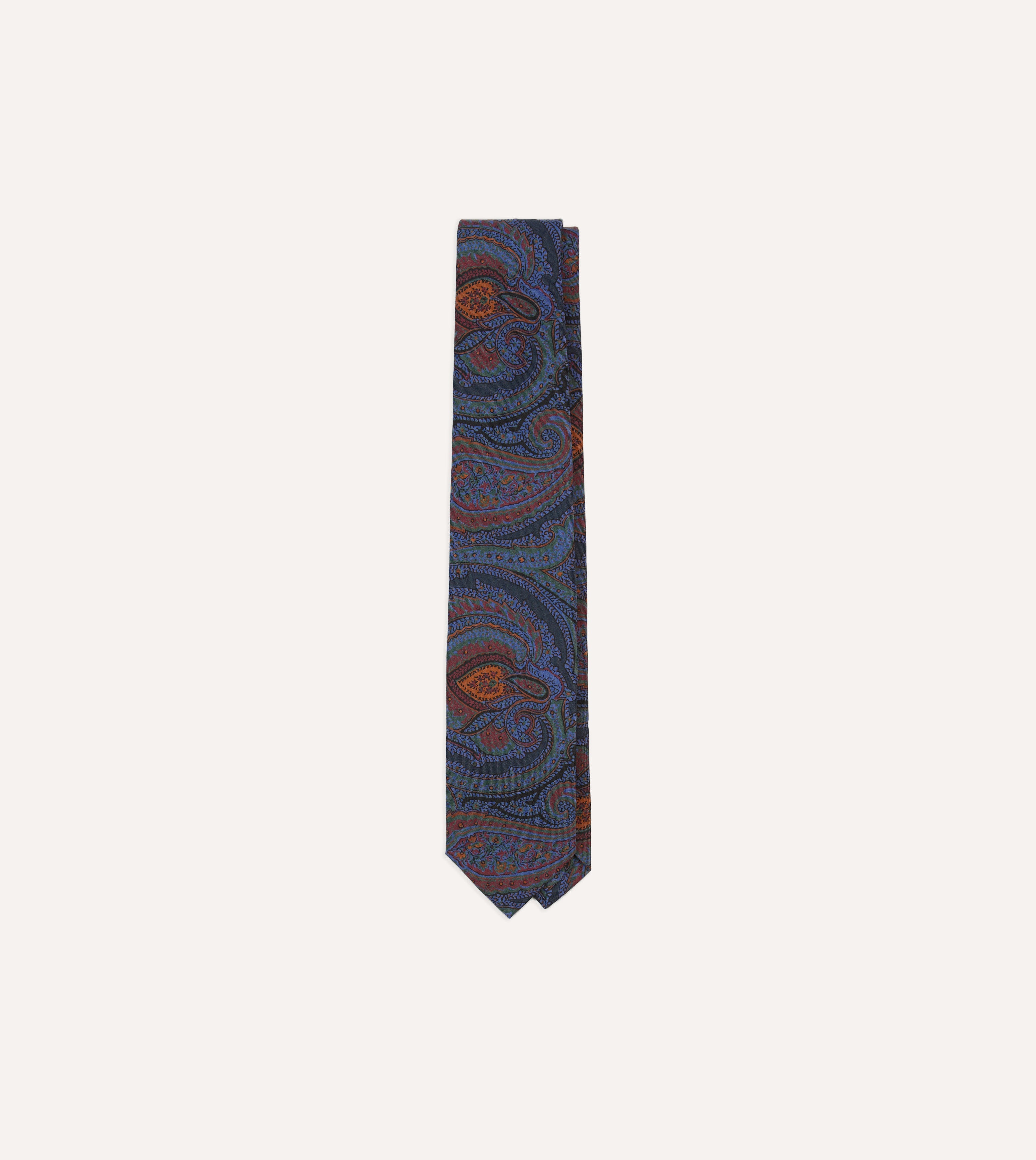 Navy Large Paisley Print Madder Silk Self-Tipped Tie