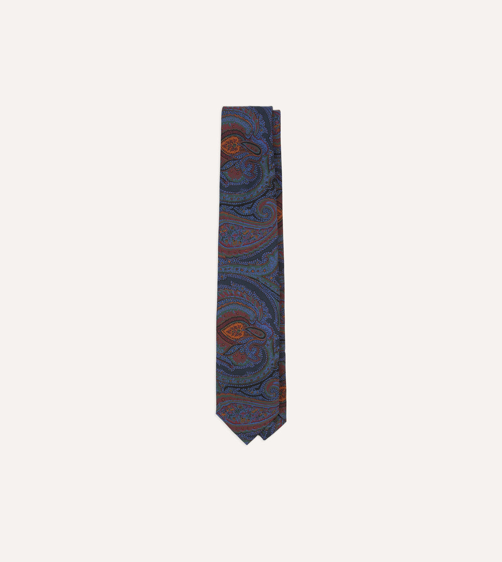 Navy Large Paisley Print Madder Silk Self-Tipped Tie