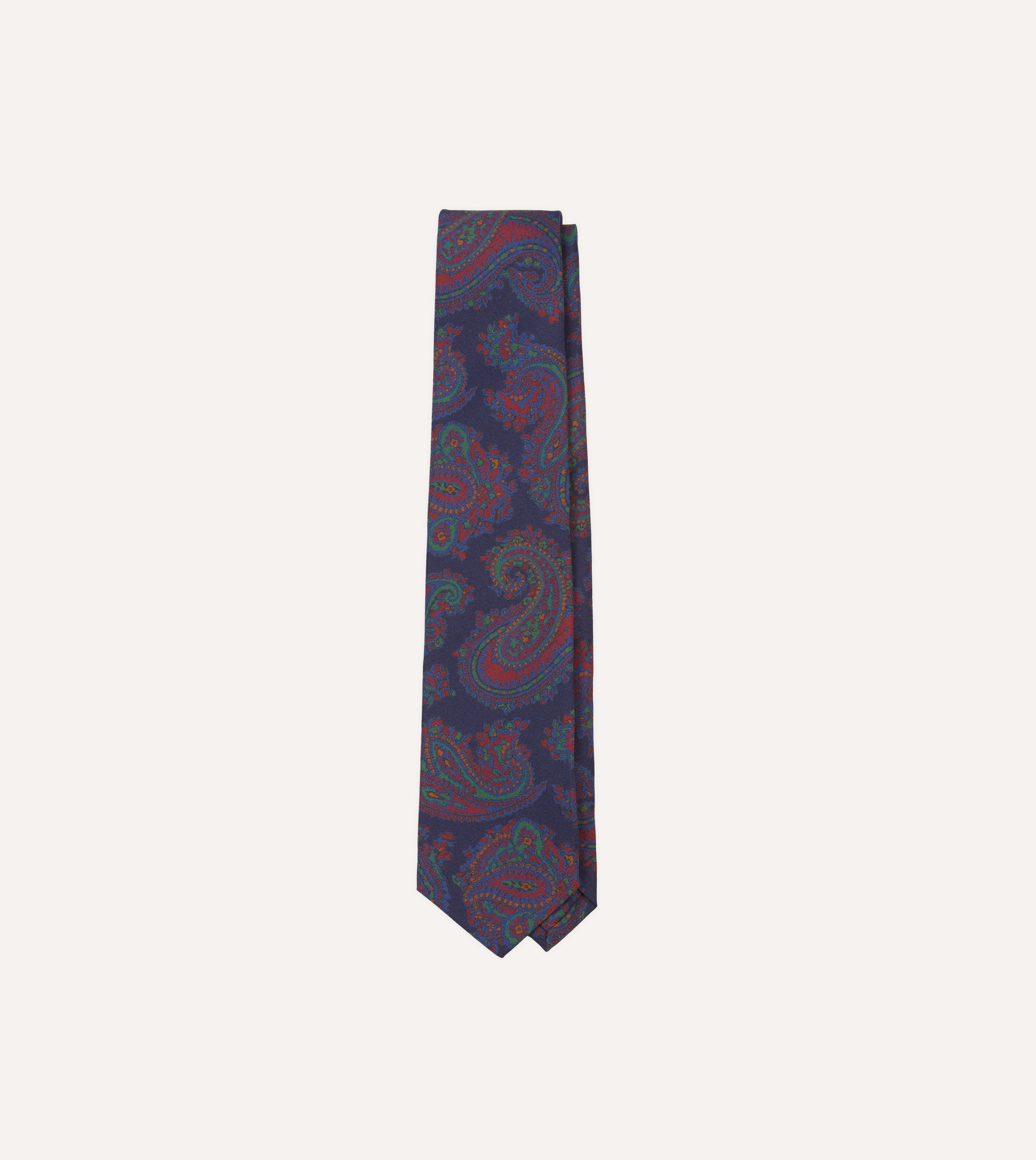 Navy Paisley Print Madder Silk Self-Tipped Tie