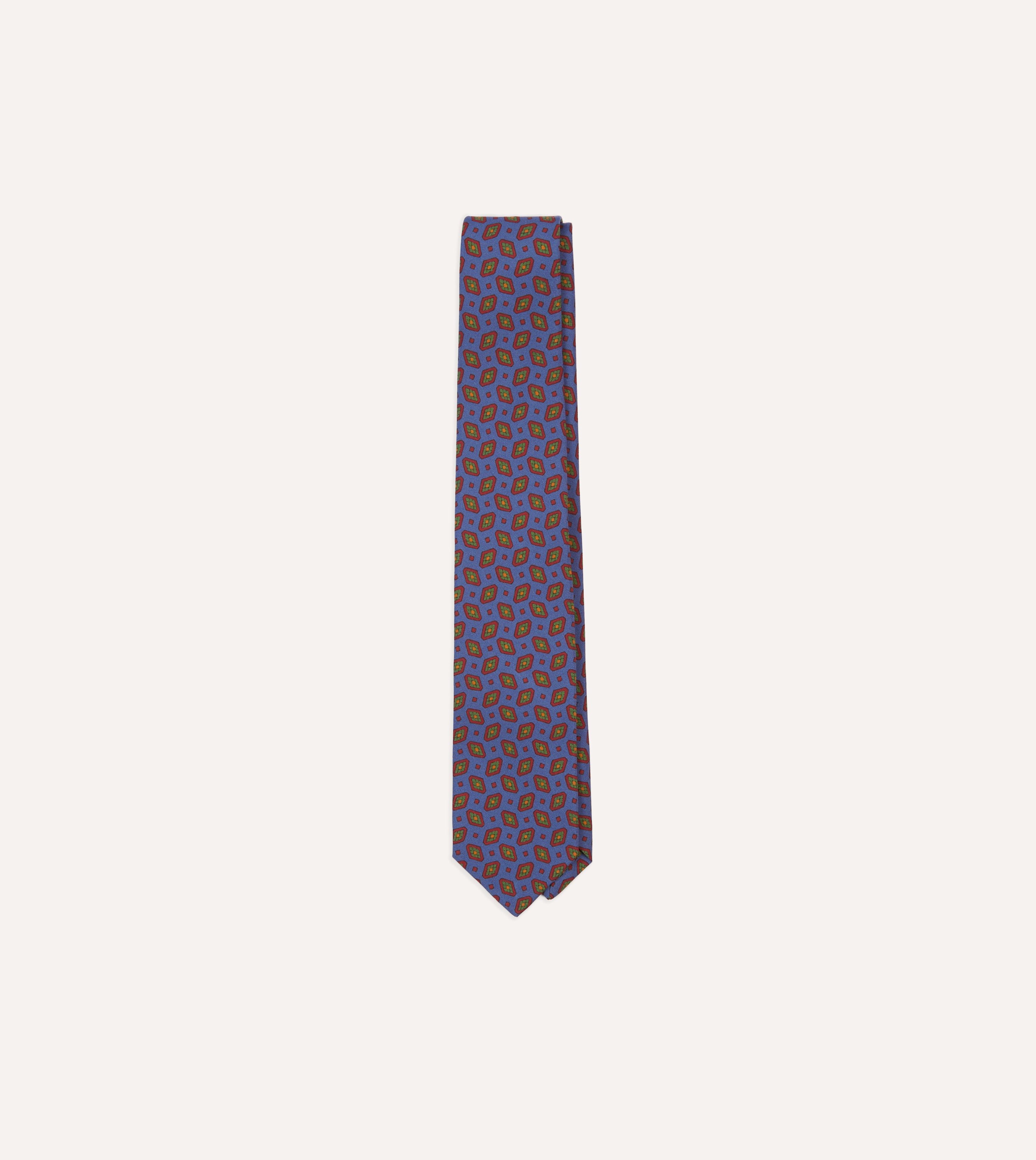 Blue Medallion Print Madder Silk Self-Tipped Tie