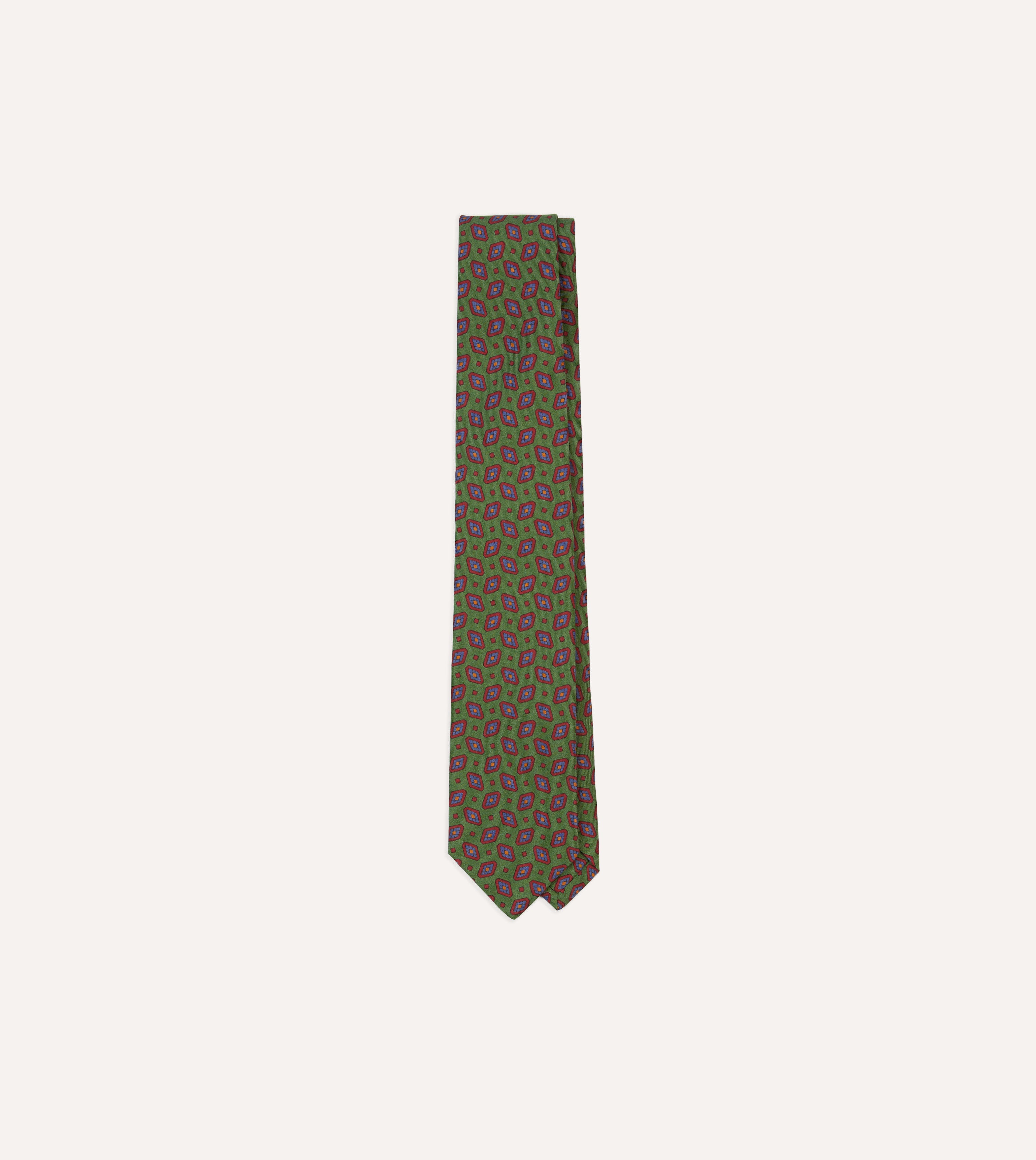 Green Medallion Print Madder Silk Self-Tipped Tie