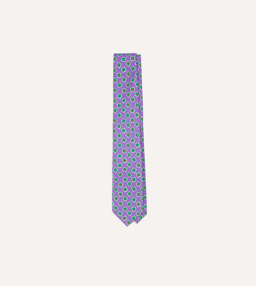 Purple Jumbled Tile Print Silk Self Tipped Tie – Drakes US